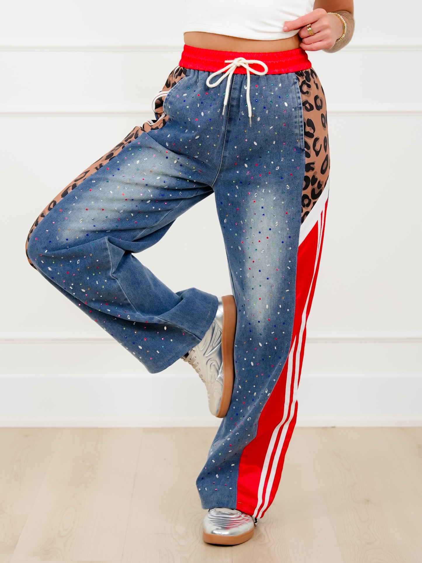 Plus/Reg Rhinestone Elastic Waist Denim Track Pants