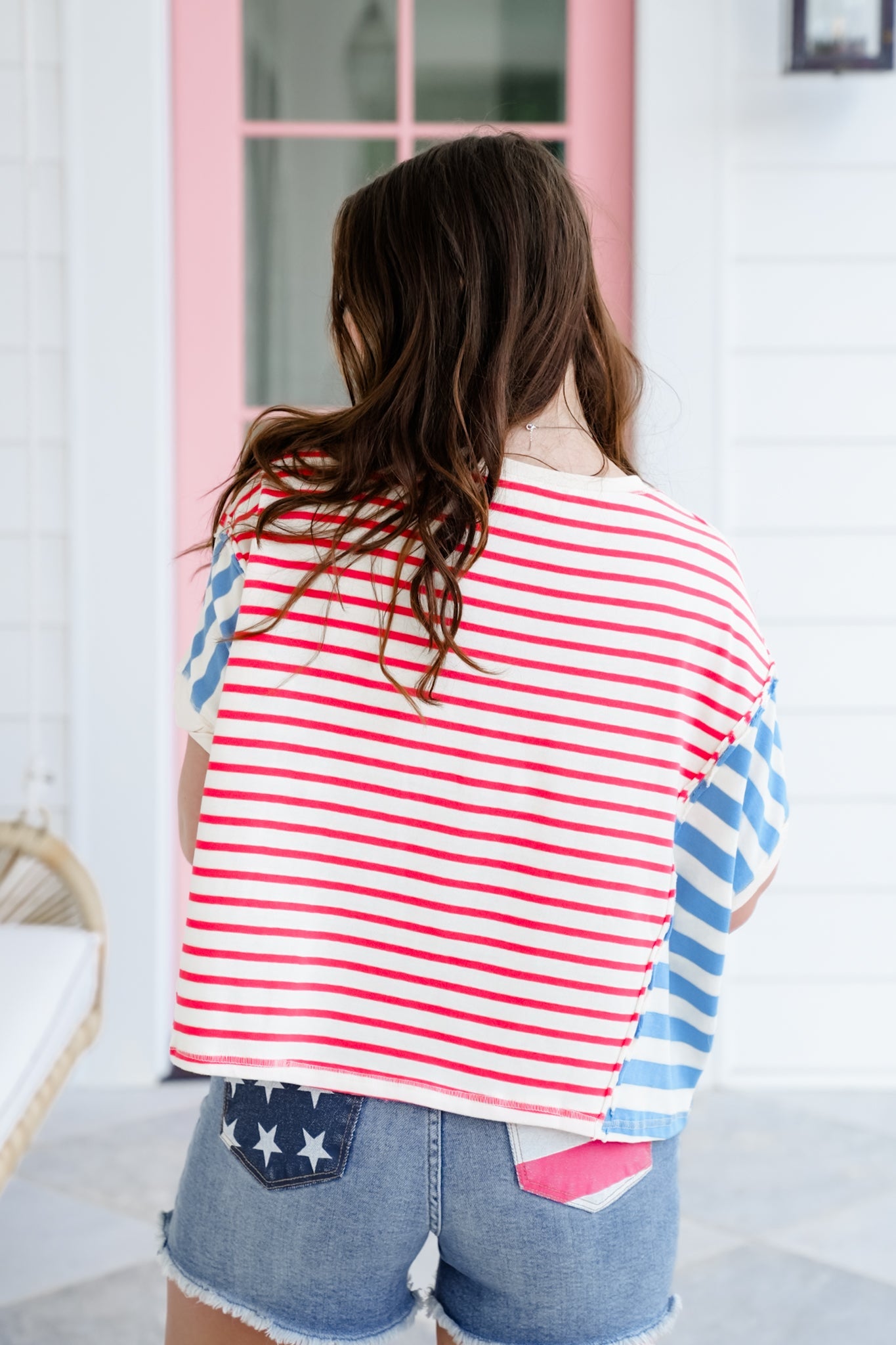 Stripe Color Block Dolman Sleeve Top with Front Slit Detail