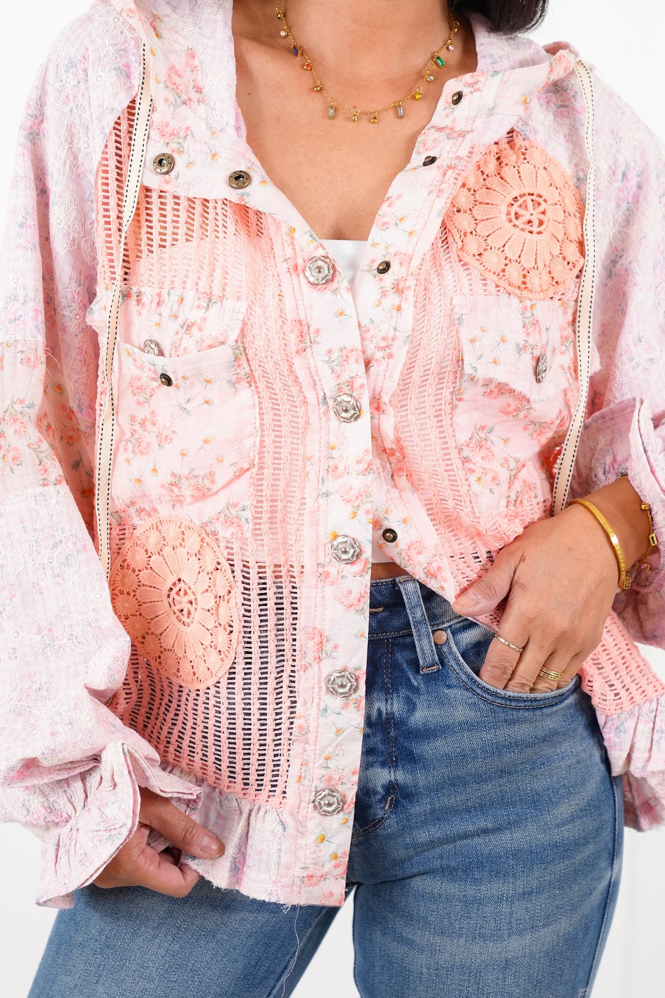 POL Crochet and Floral Long Sleeve Hooded Jacket