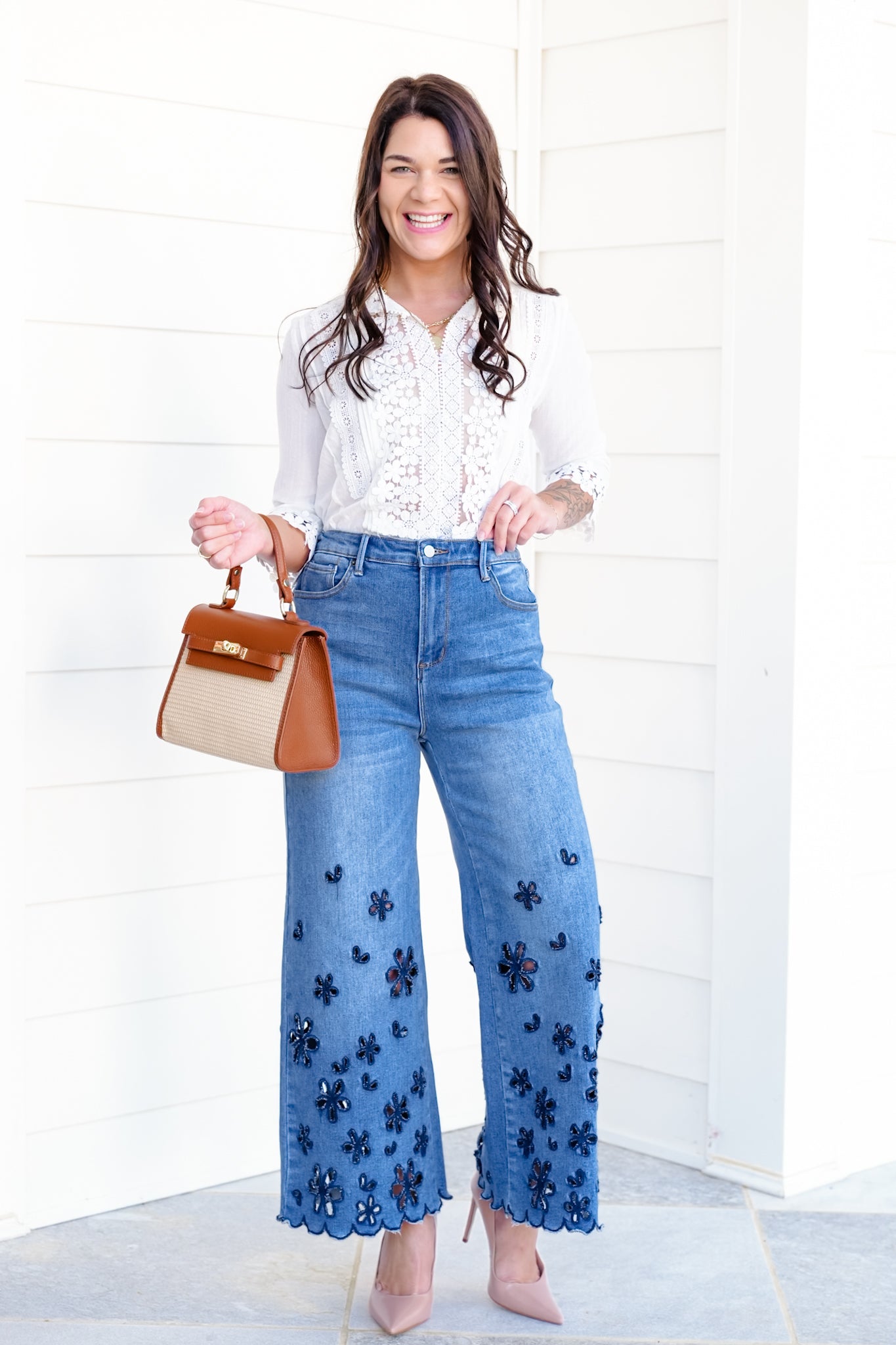 The Bluebelle Wide Leg Relax Fit Jeans with Floral Cutout