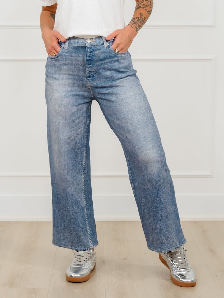 Medium Wash High Rise Straight Leg French Terry Jeans