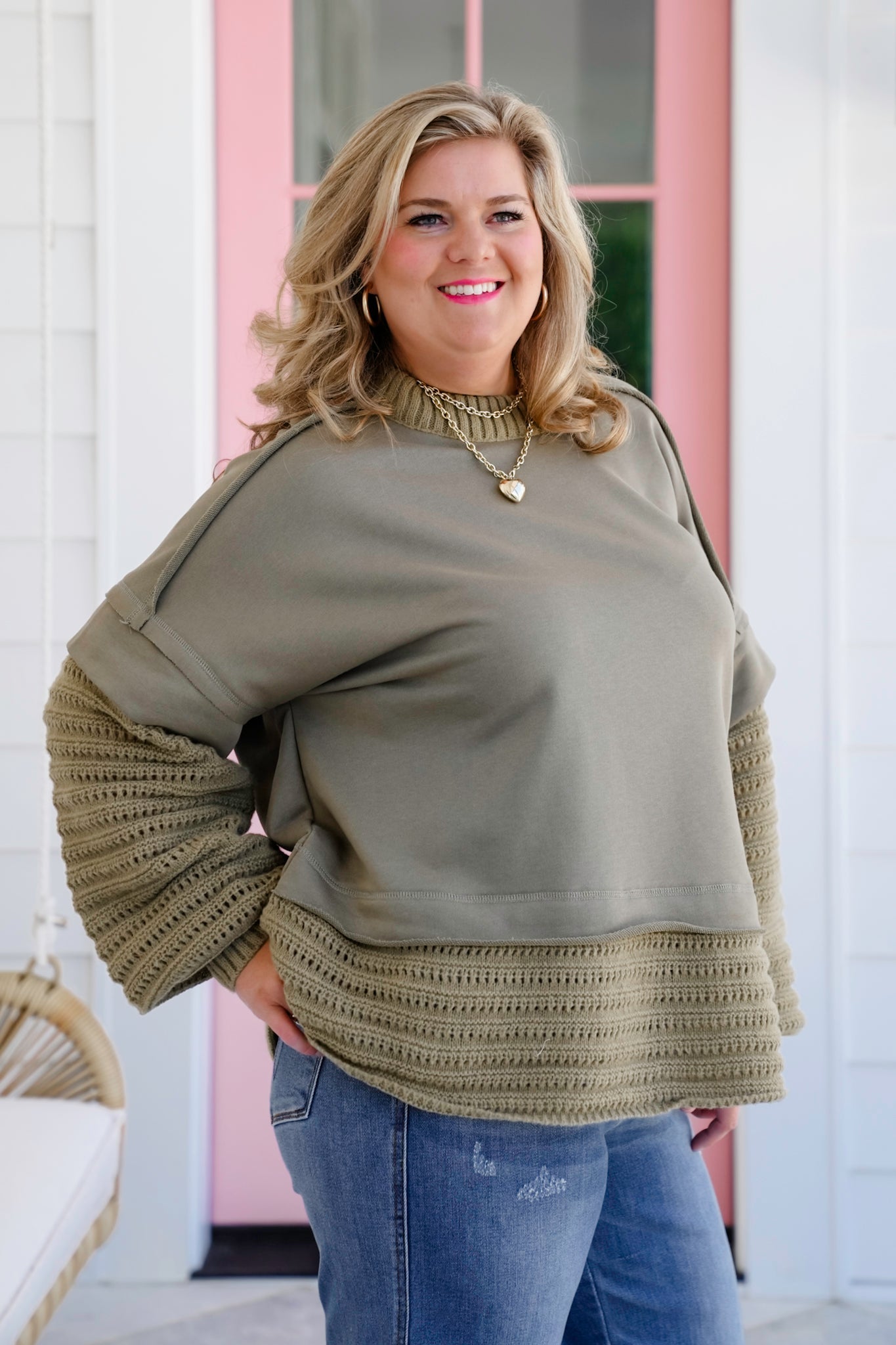 Plus/Reg Knit Layered Long Sleeve Round Neck Sweater