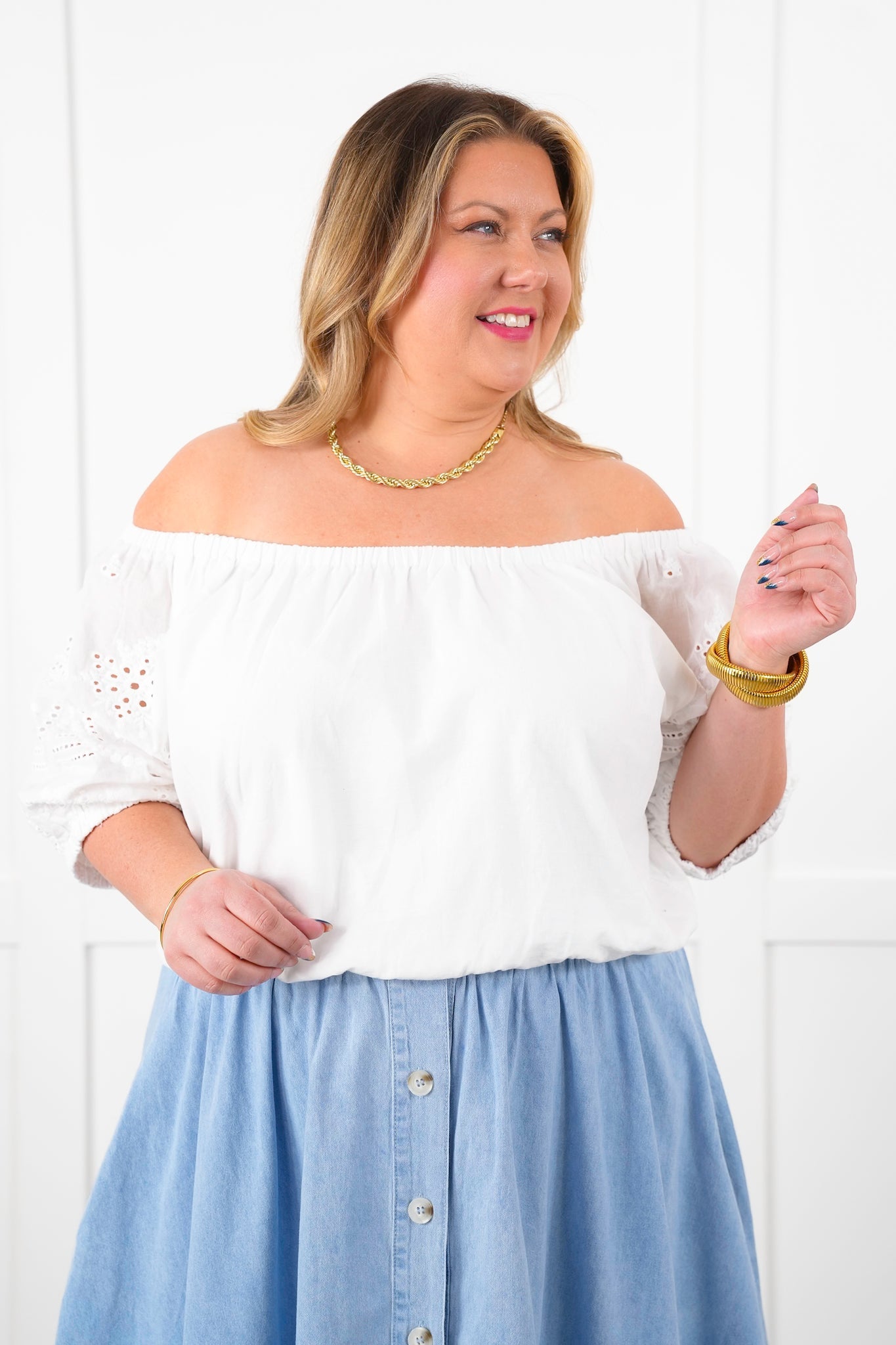Plus/Reg Short Sleeve Off Shoulder Crop Top with Eyelet Detail