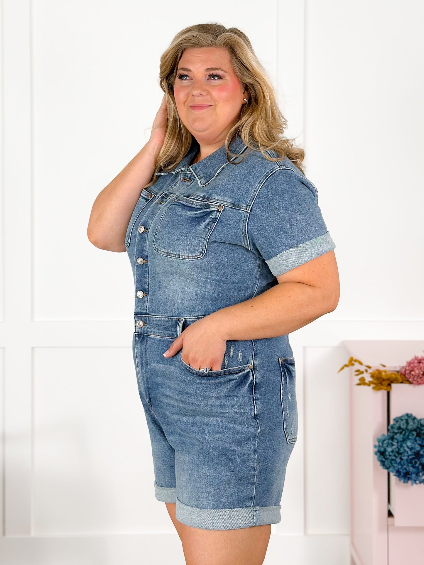 Plus/Reg Wildflower Judy Blue Denim Short Sleeve High Waist Romper