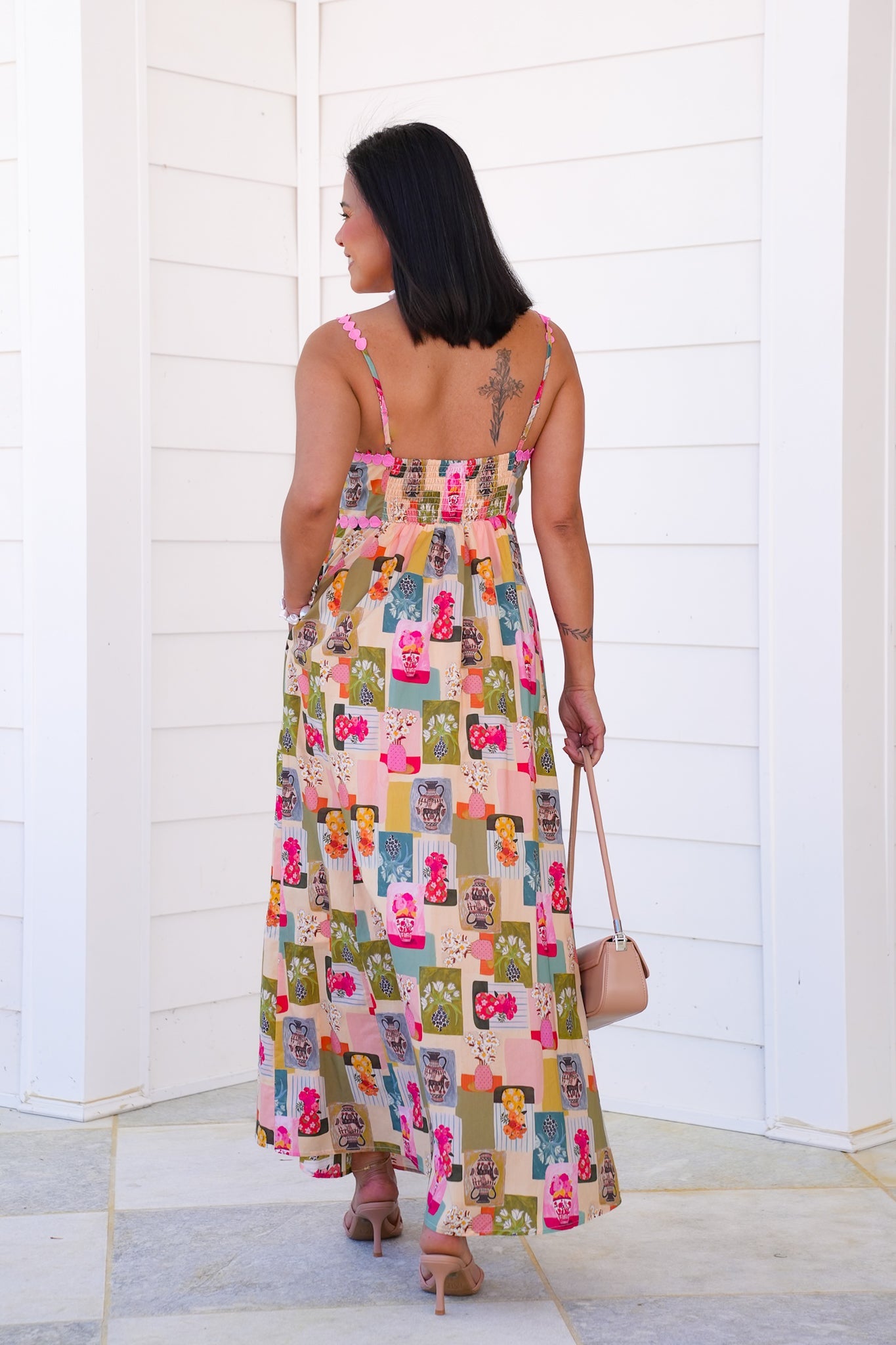 Floral Print Sleeveless Midi Dress with Trim Detail
