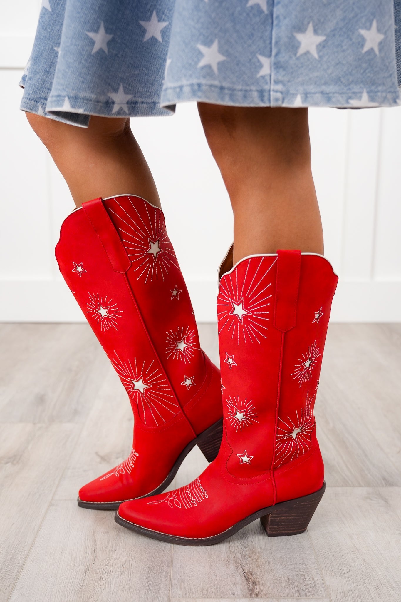 Western Knee High Heeled Boot with Star Cutout Accents