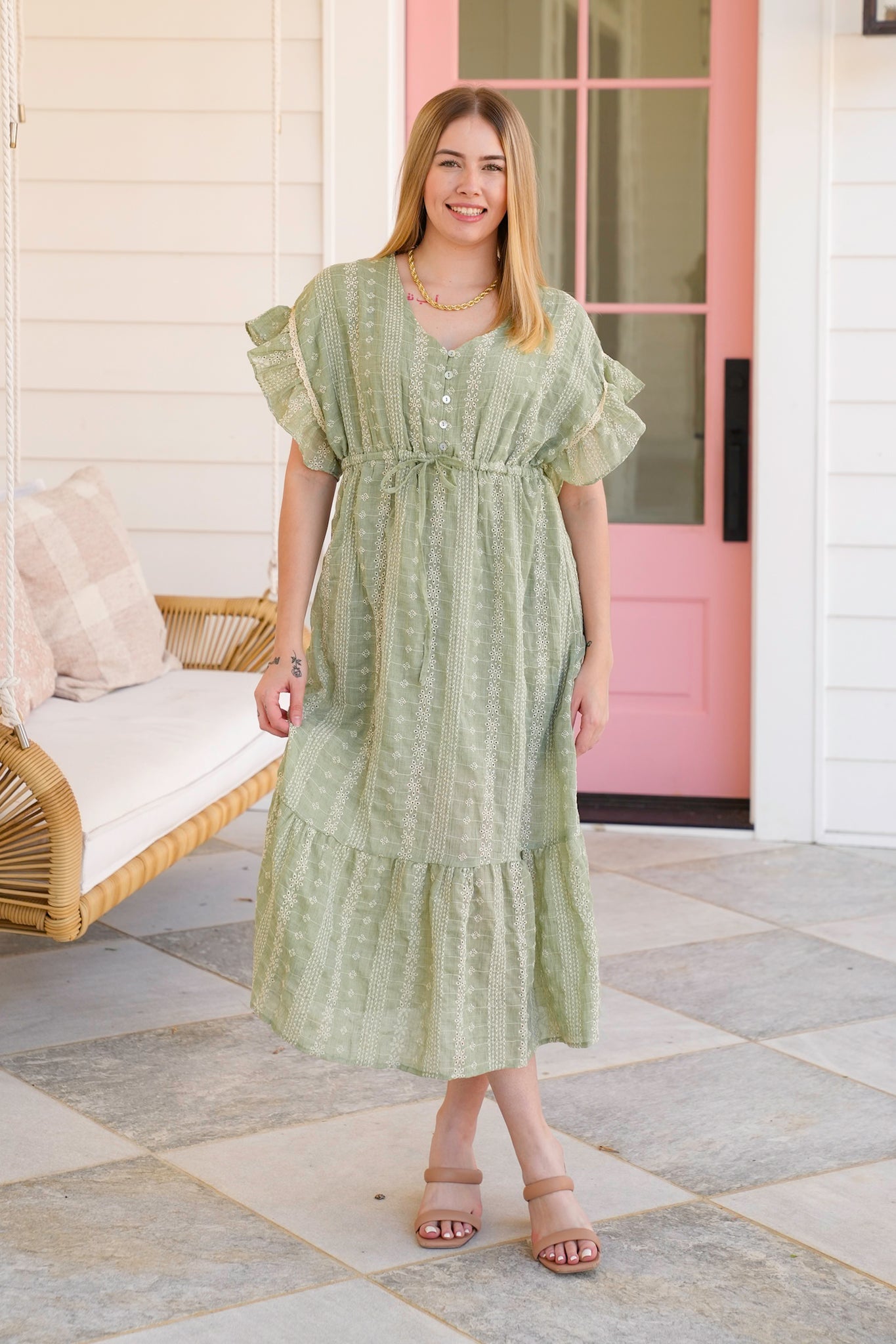 Embroidered Boho Short Ruffle Sleeve Midi Dress