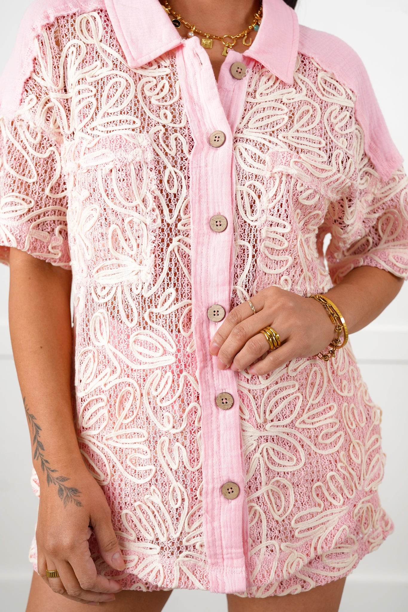 Pink Loose Knit Long Sleeve Button Down Top and Shorts Set