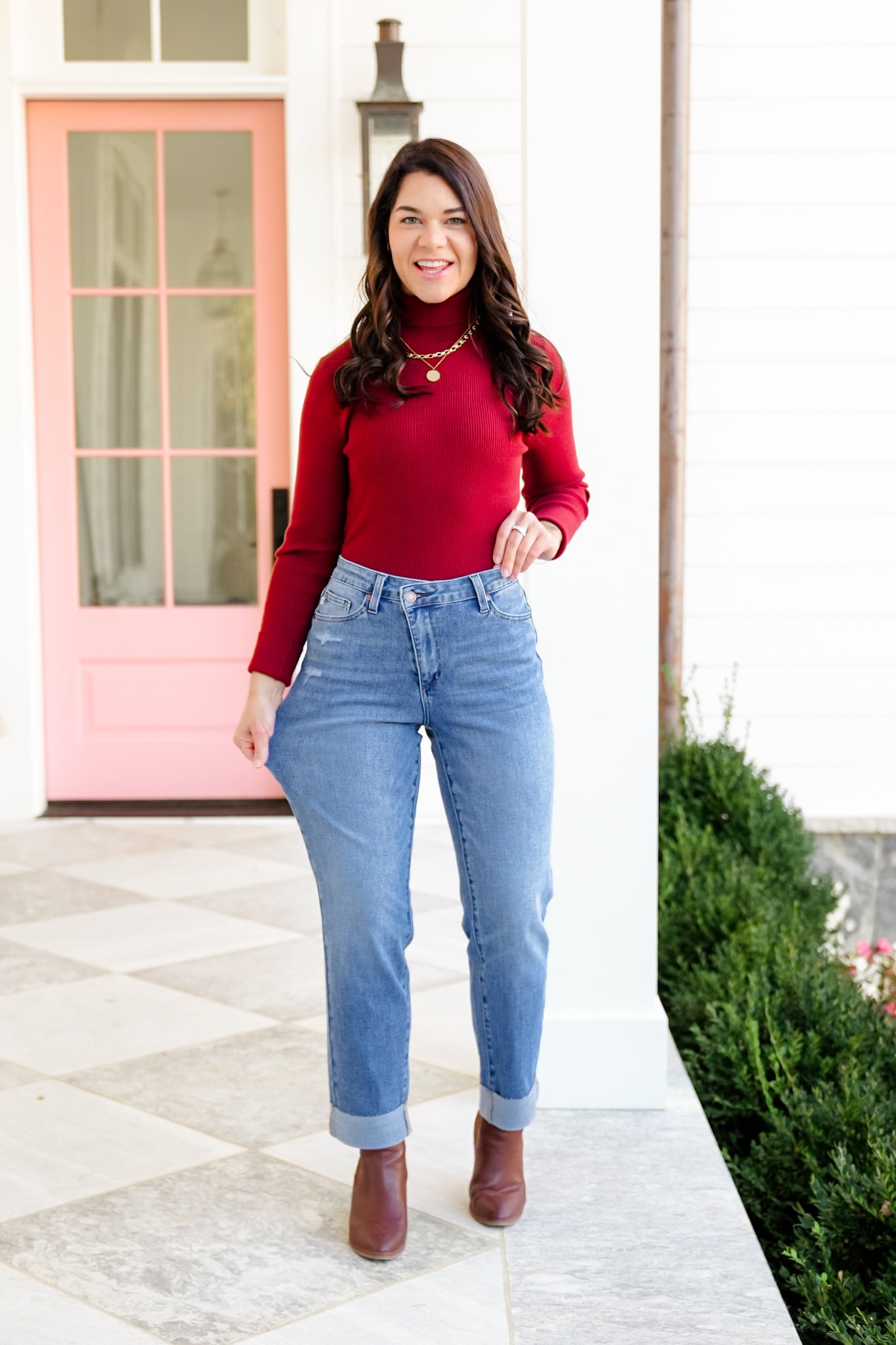 Judy Blue High Rise Medium Wash Distressed Criss-Cross Cuffed Boyfriend Jeans