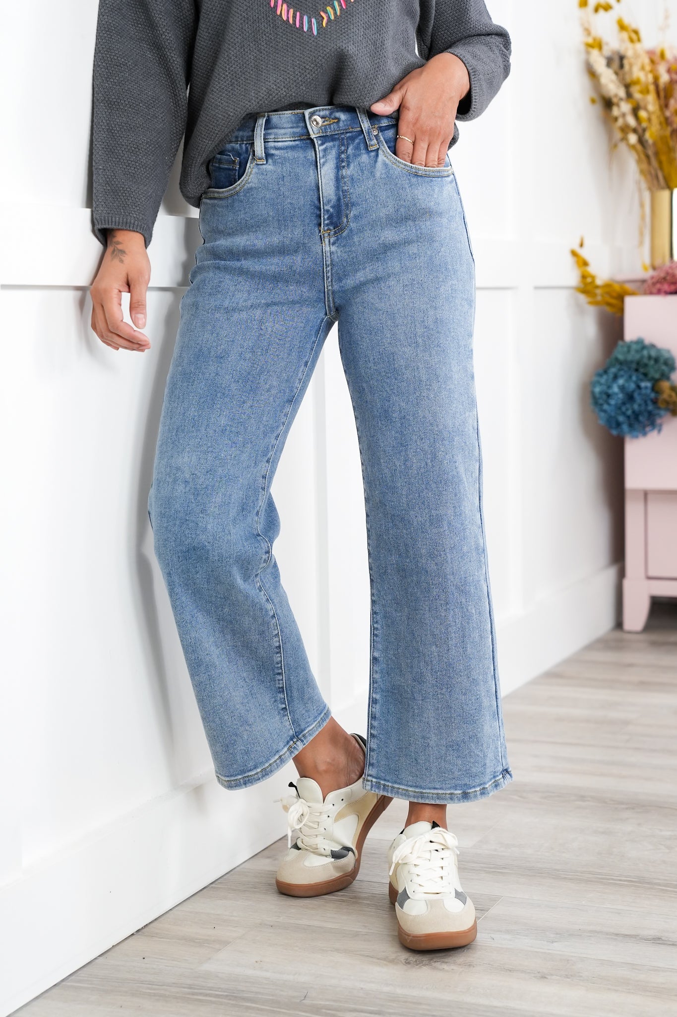 Special A High Rise Light Wash Cropped Wide Leg Jeans