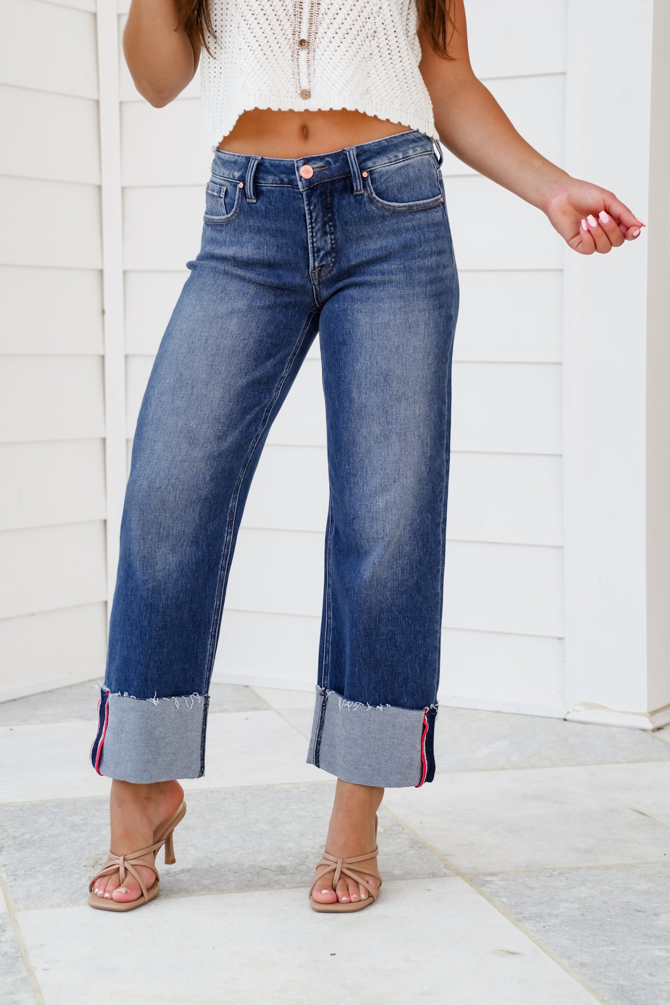 Risen Mid Rise Dark Wash Tummy Control Cropped Wide Leg Cuffed Jeans