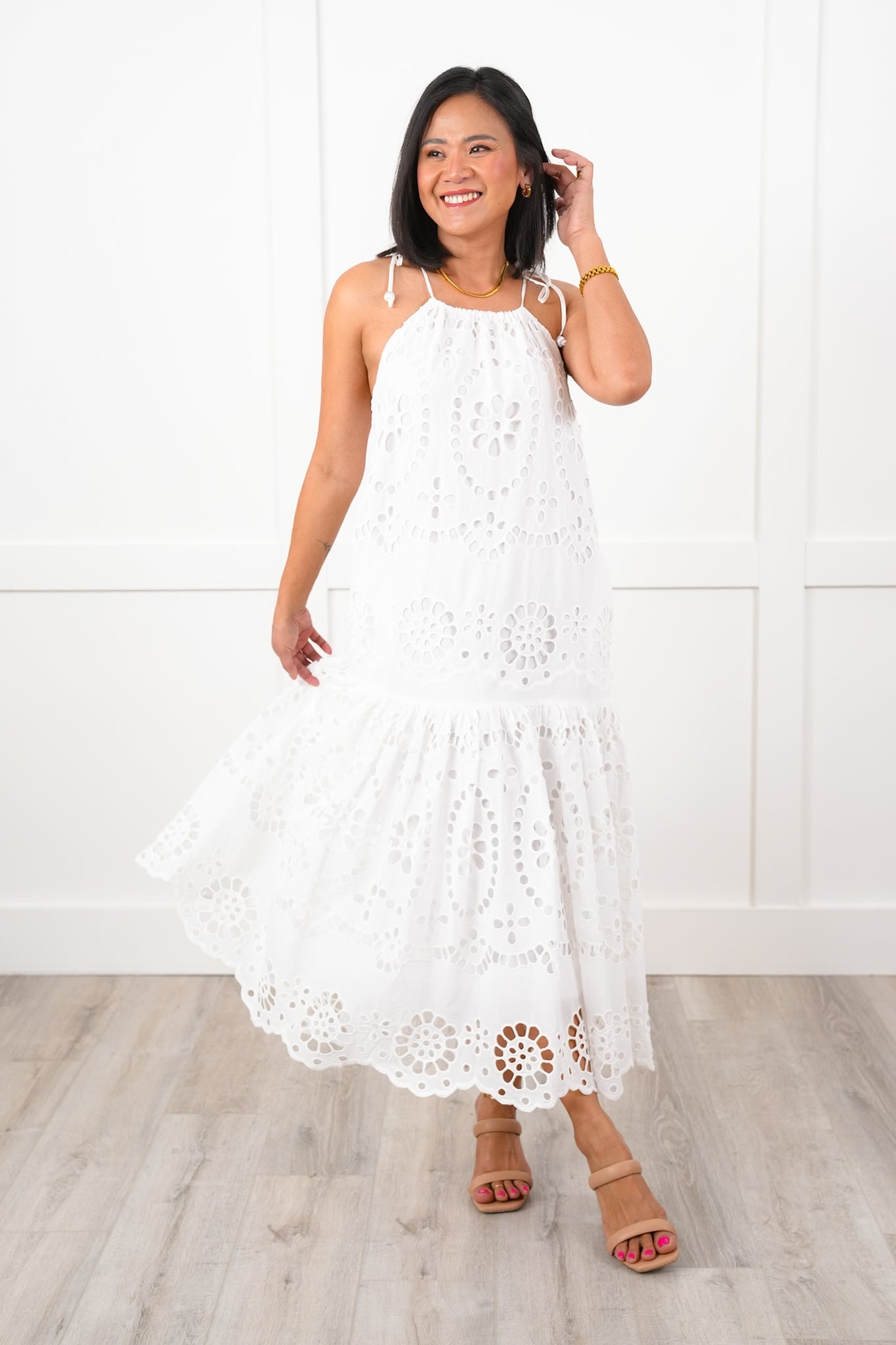 Sleeveless Eyelet Maxi Dress with Adjustable Shoulder Straps