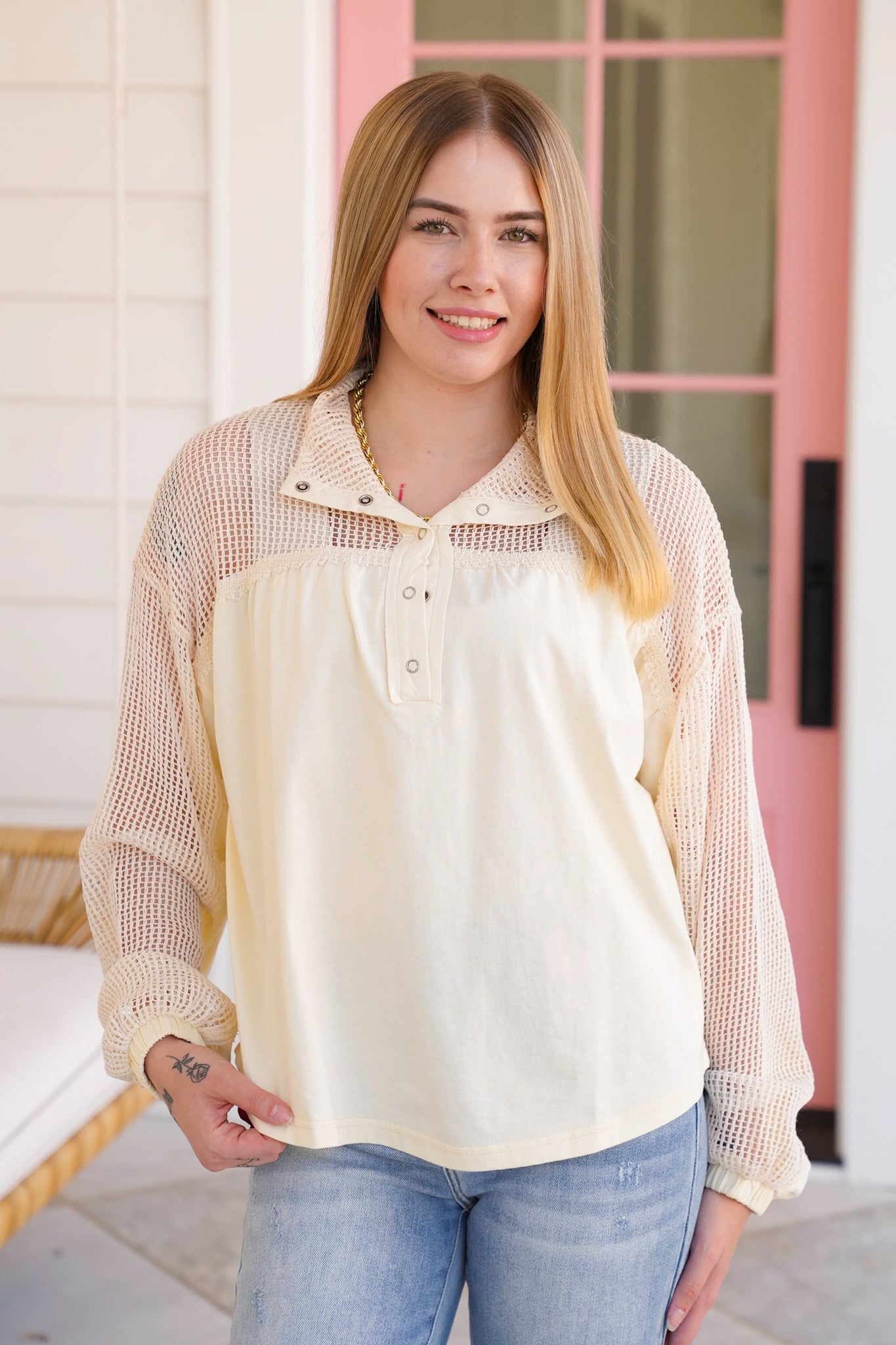 Long Sleeve Henley Top with Mesh Detail