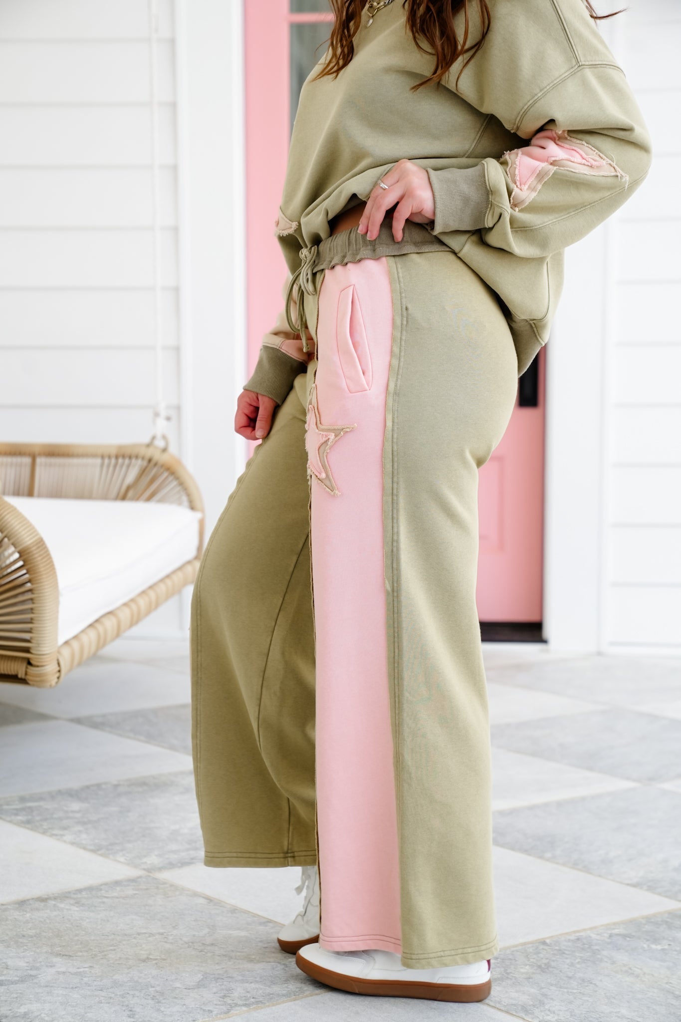 Mineral Wash Color Block Elastic Waist Pants with Star Patch Detail