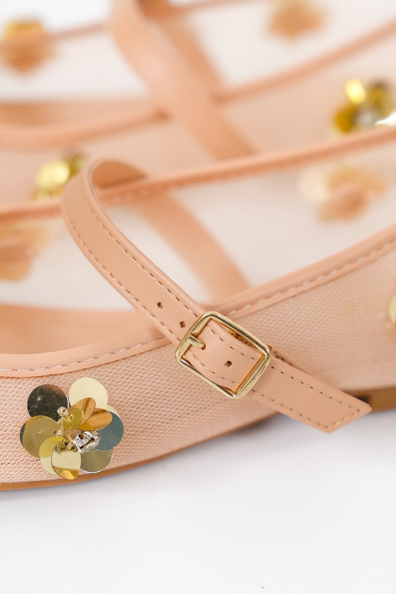 Elegant Mesh Mary Jane Flats with Gold Floral Embellishments