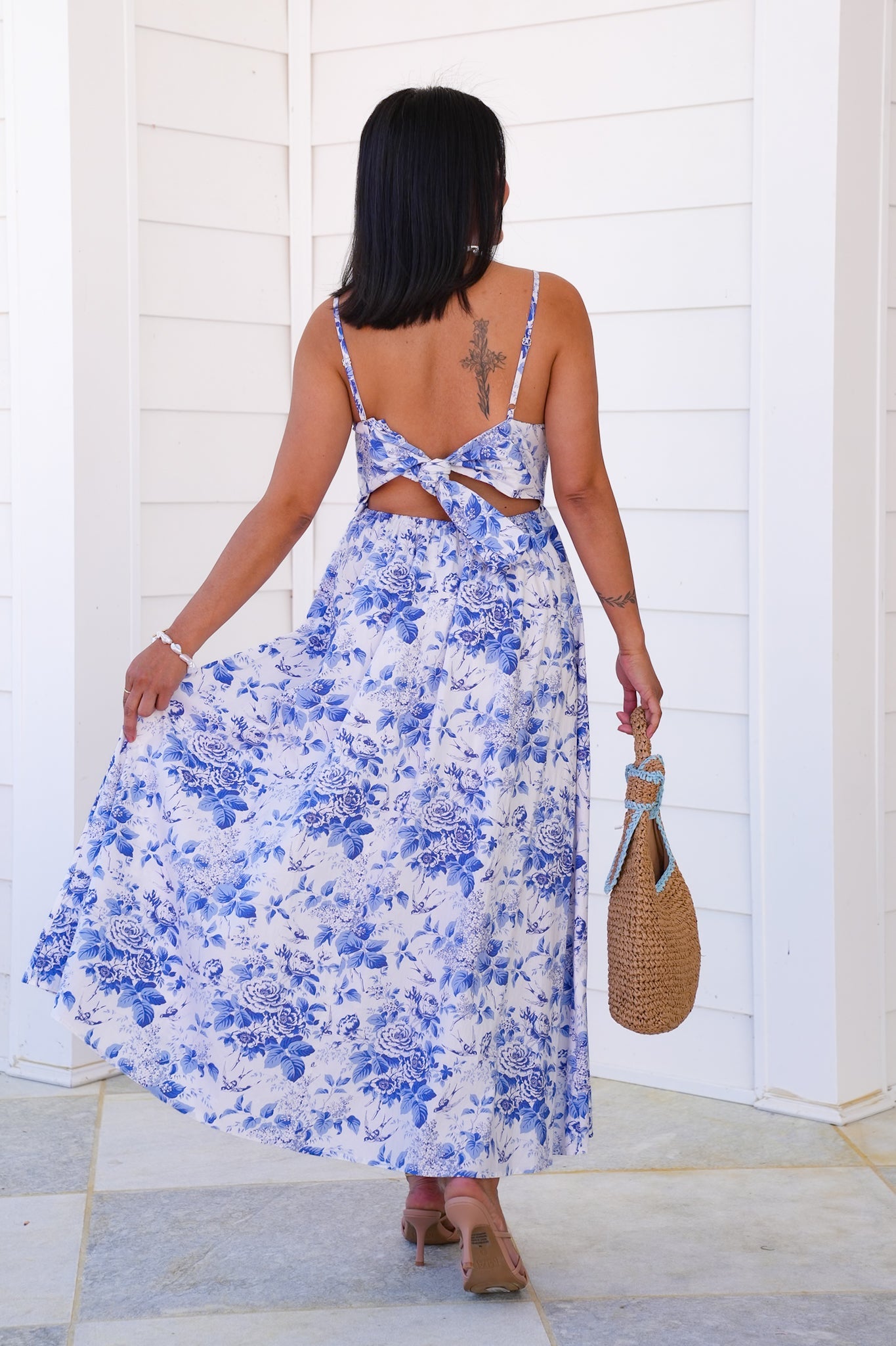 Blue Floral Sleeveless V Neck Maxi Dress with Tie Back Detail