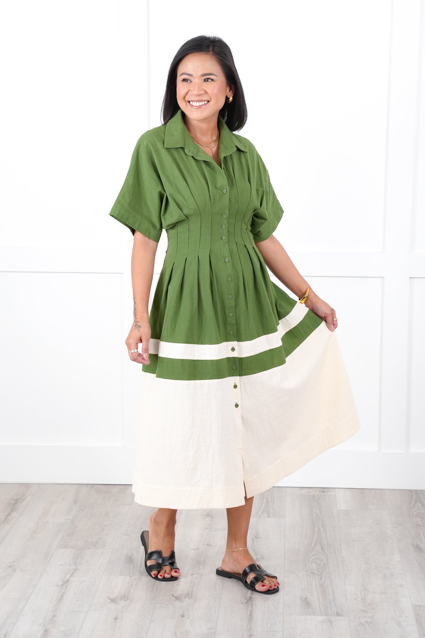 Color Block Short Sleeve Button Down Midi Dress
