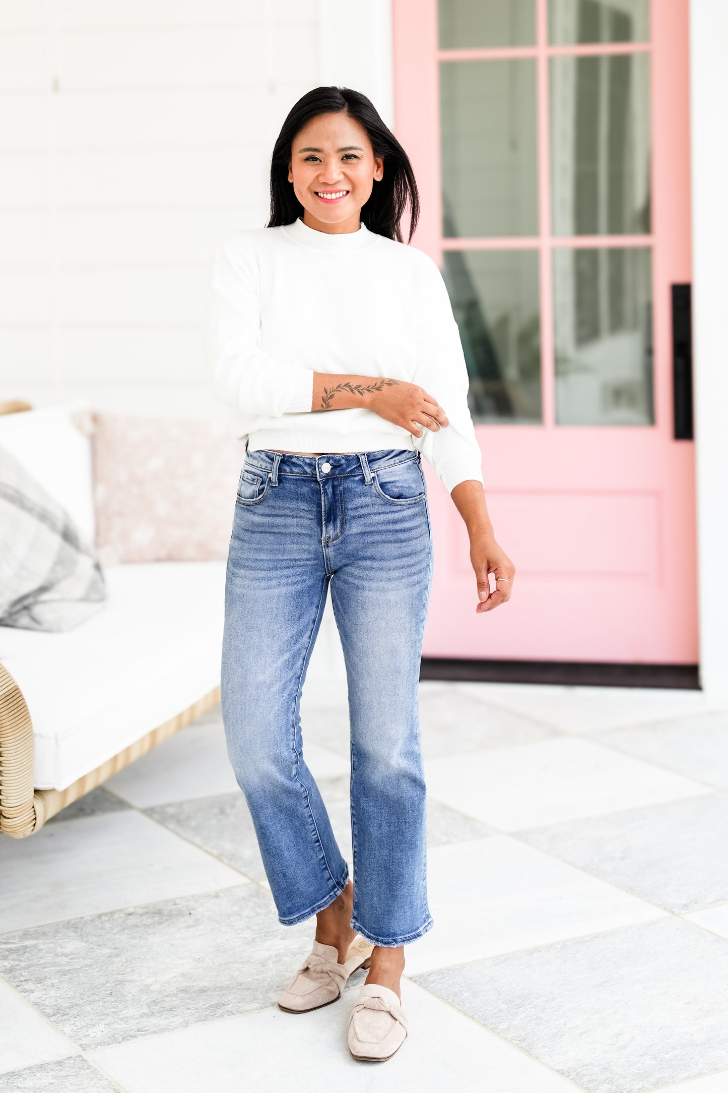 Risen Girl Next Door Mid Rise Medium Wash Cropped Flare Jeans