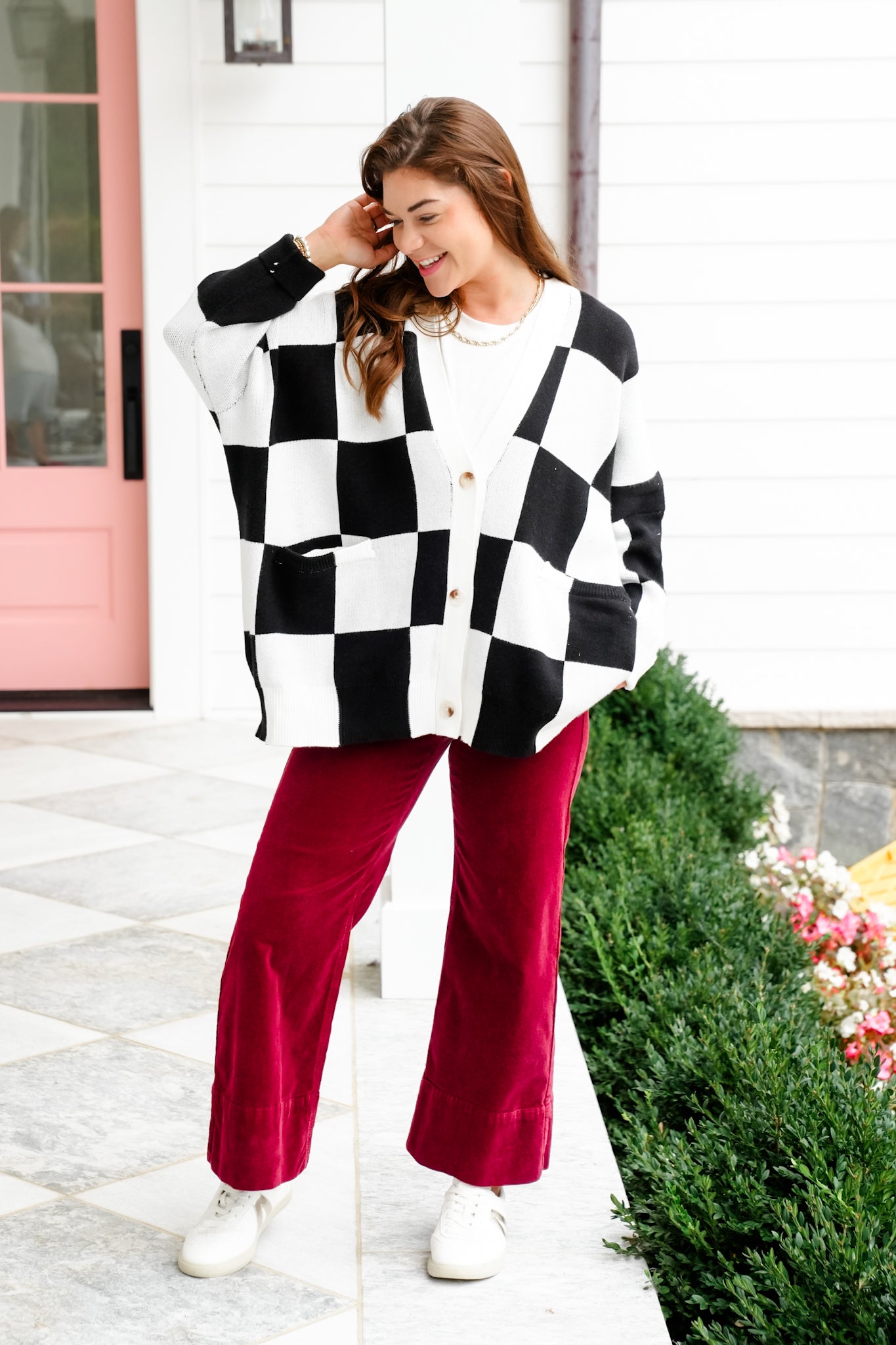 Long Sleeve Button Down Cardigan with Checker Print