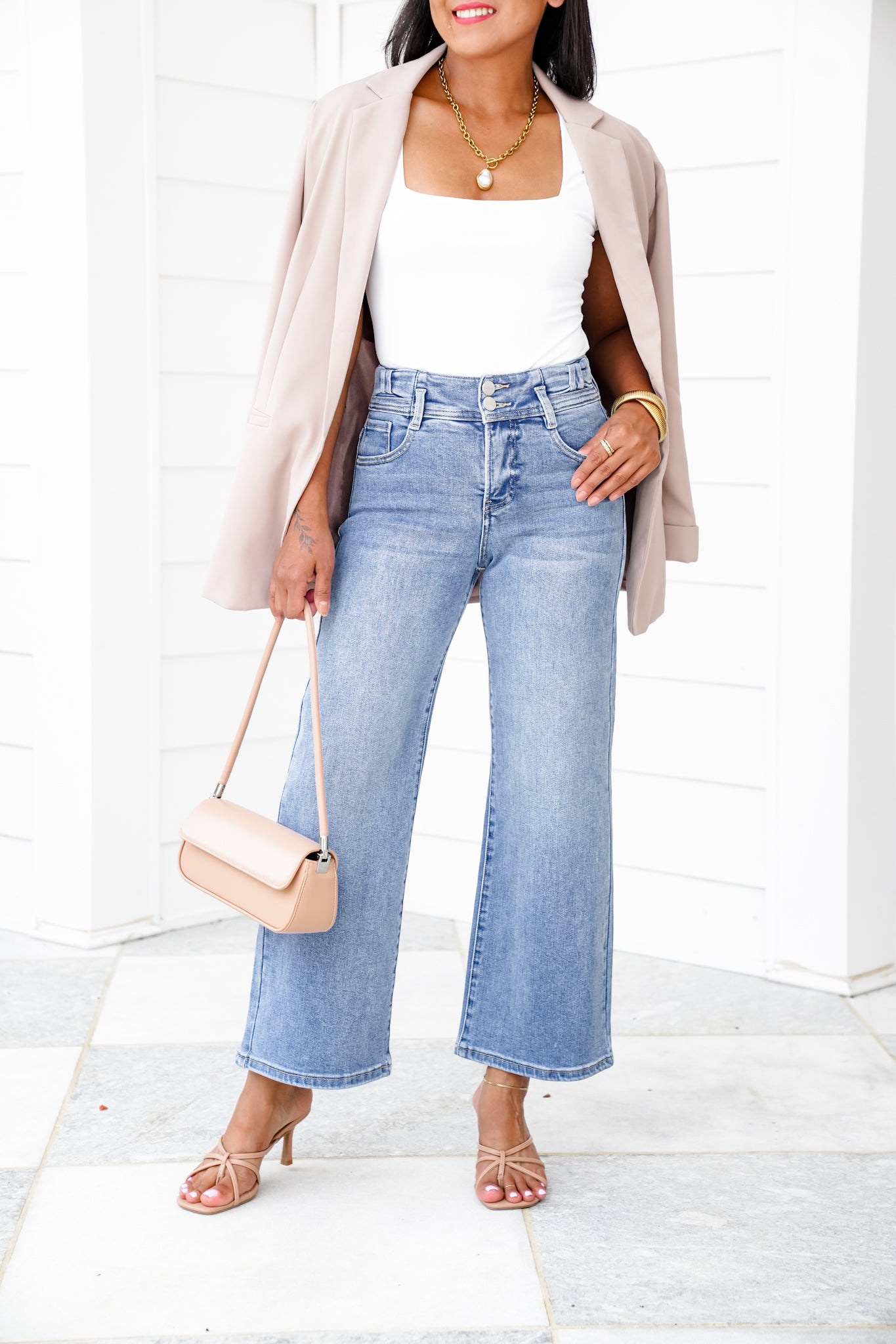 Risen High Rise Medium Wash Tummy Control Crop Wide Leg Jeans with Bow Detail