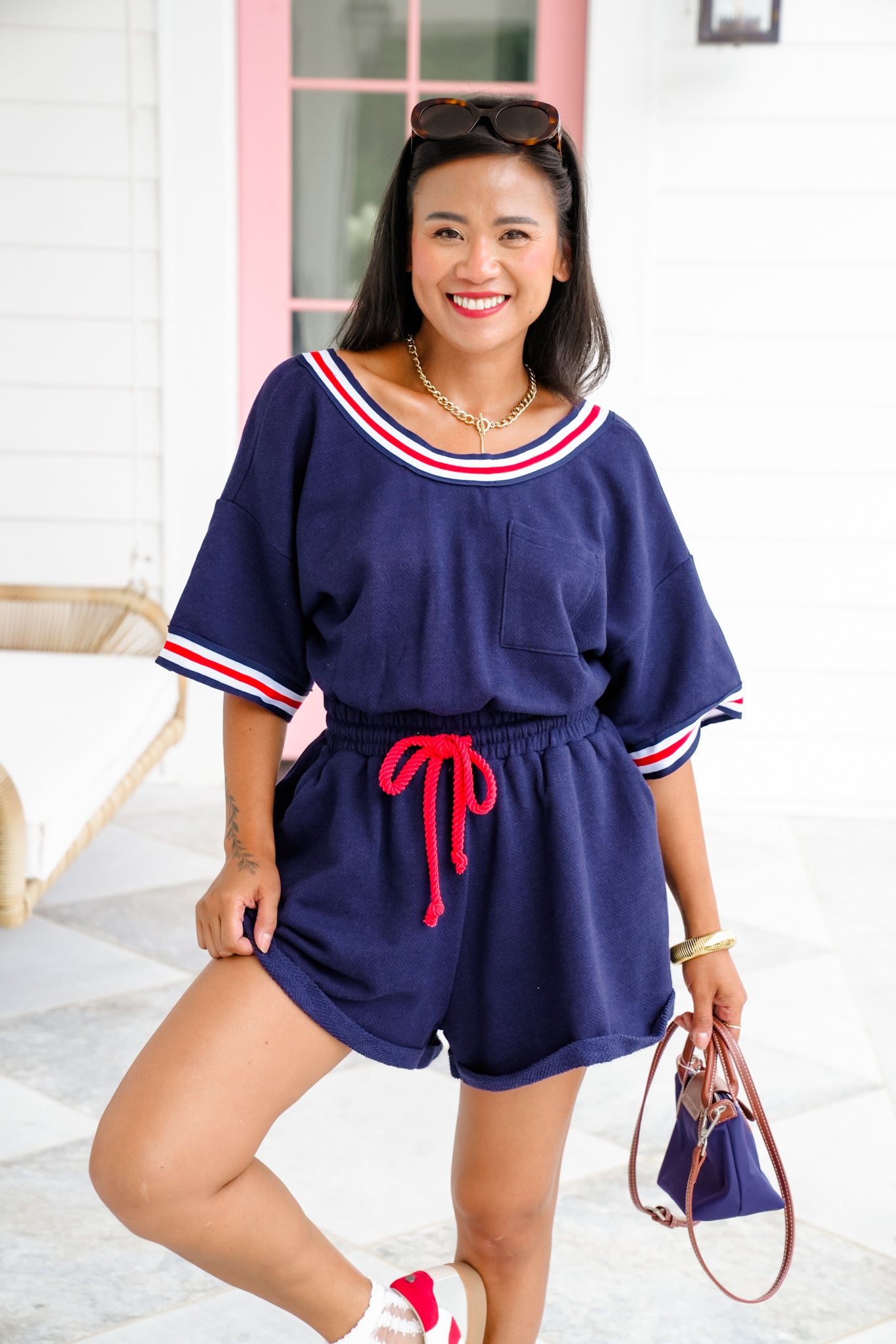 Short Sleeve Terry Romper with Stripe Trim Detail