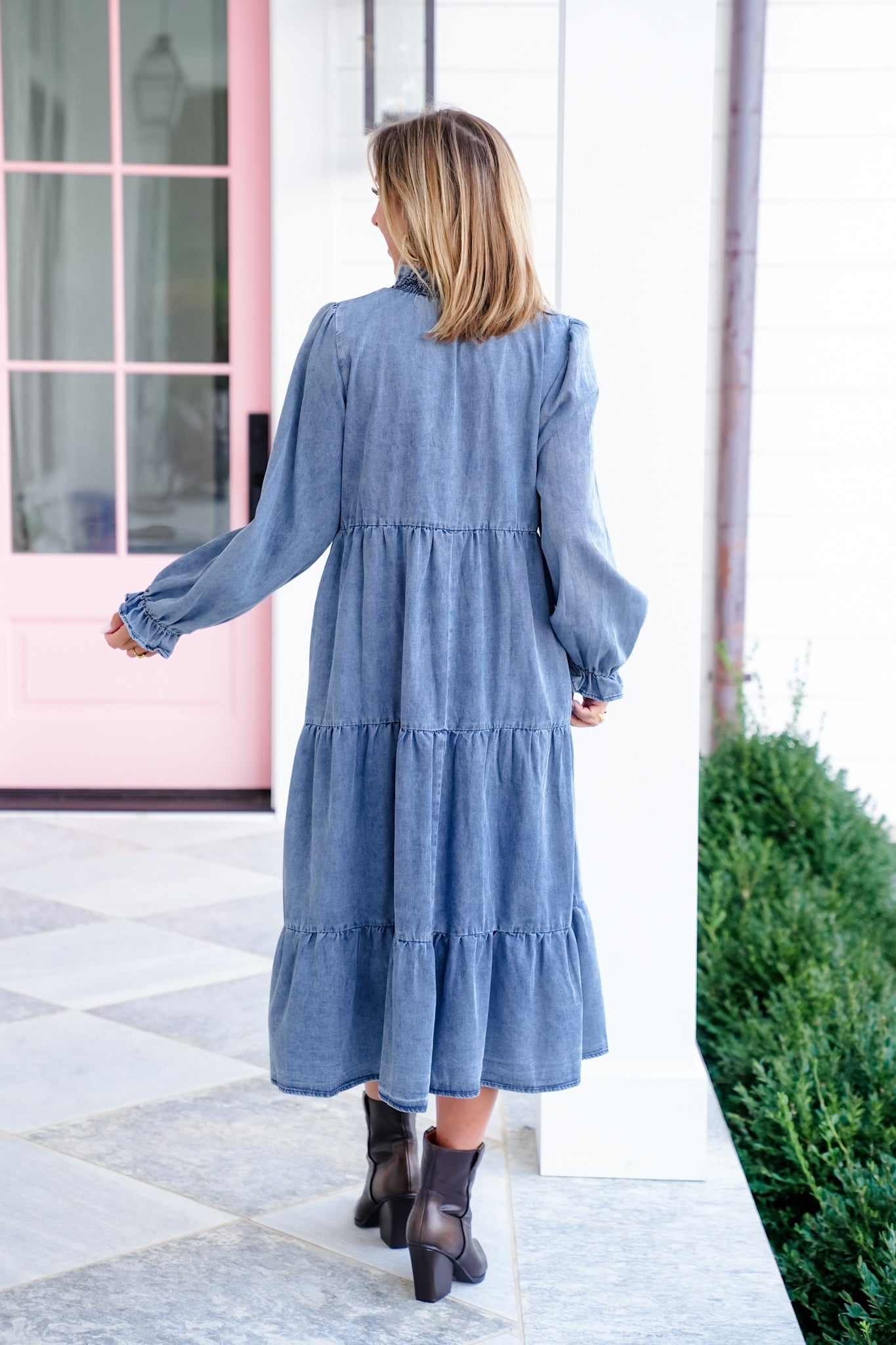 Long Sleeve Smock Neck Tiered Maxi Dress