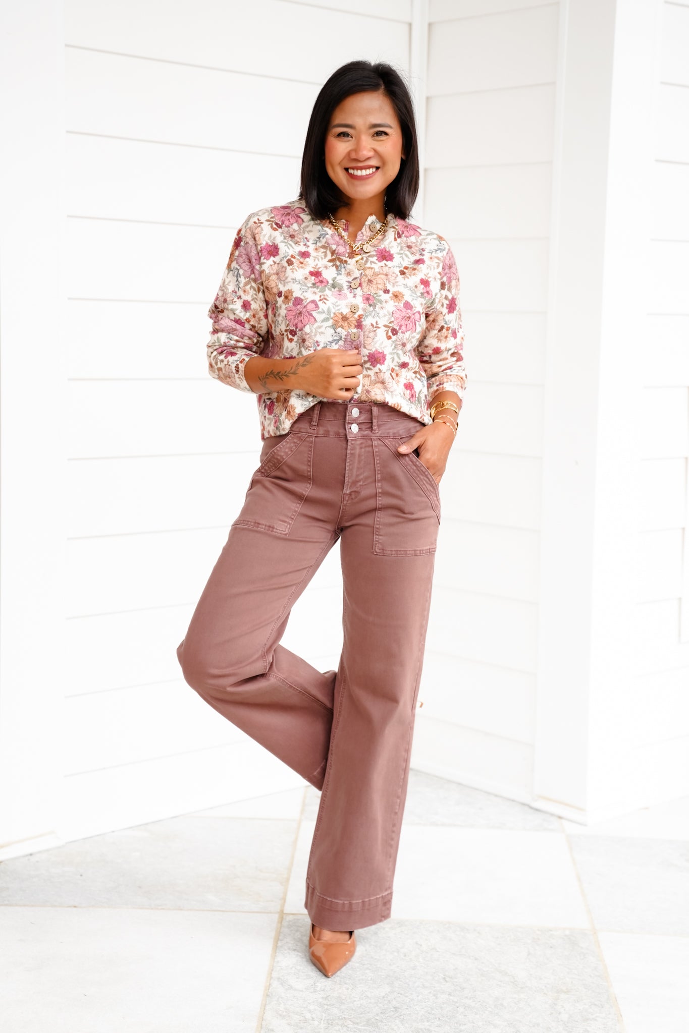 Mica High Rise Brown Double Waistband Wide Leg Jeans
