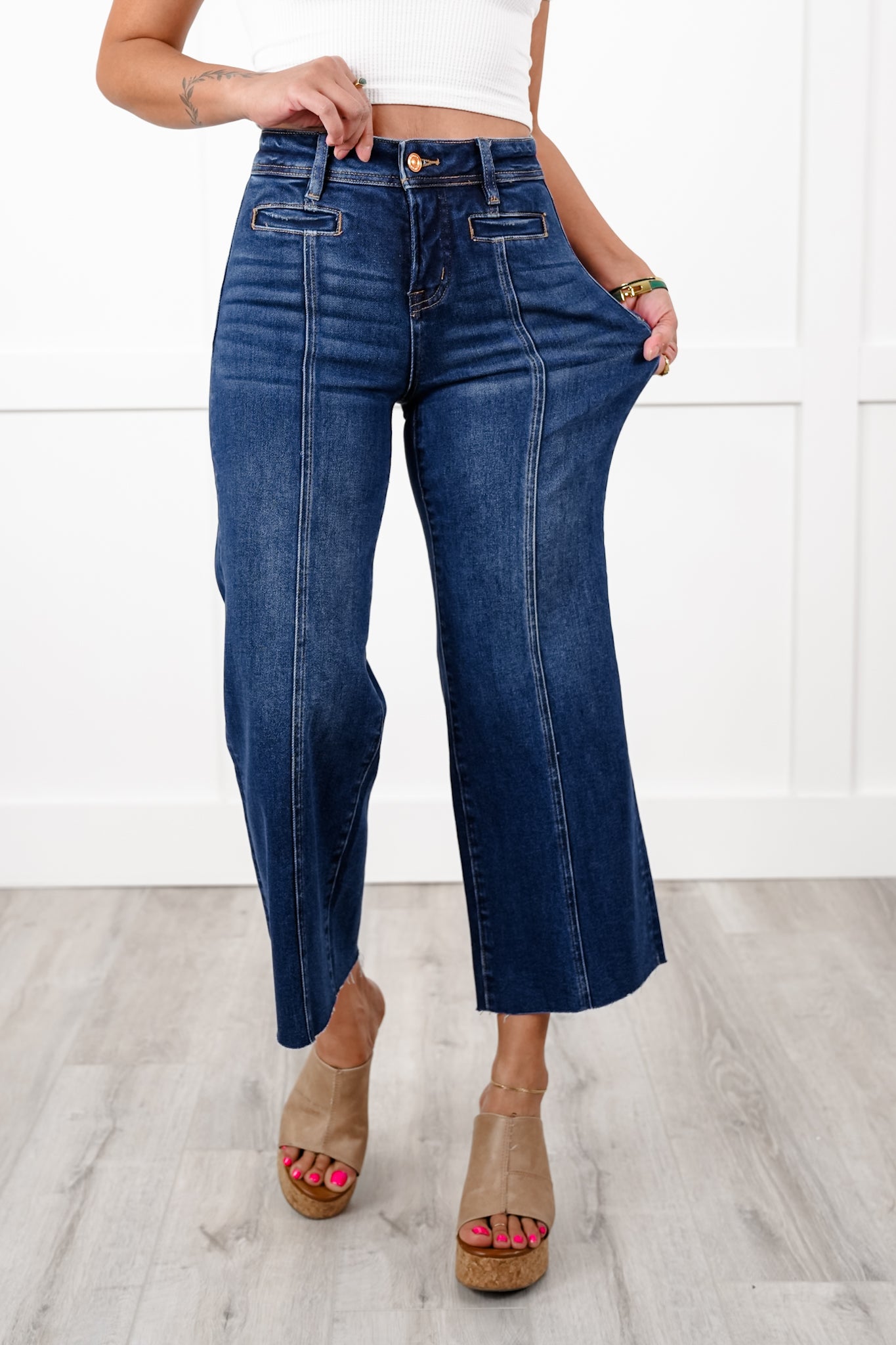 Bayeas High Rise Dark Wash Wide Leg Jeans with Raw Hem