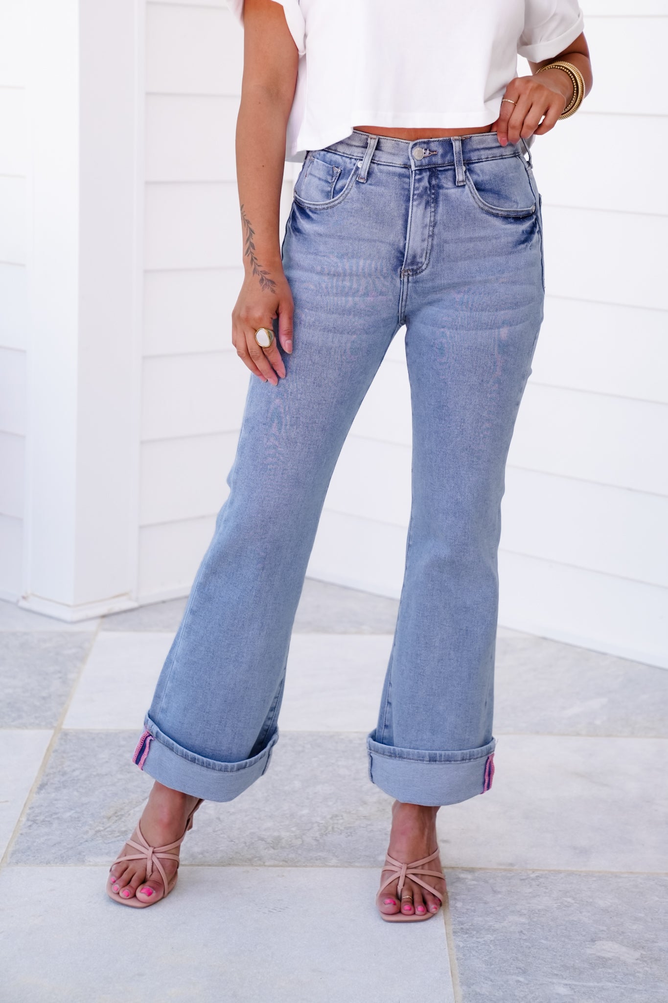 Saige High Rise Light Wash Cuffed Kick Flare Jeans