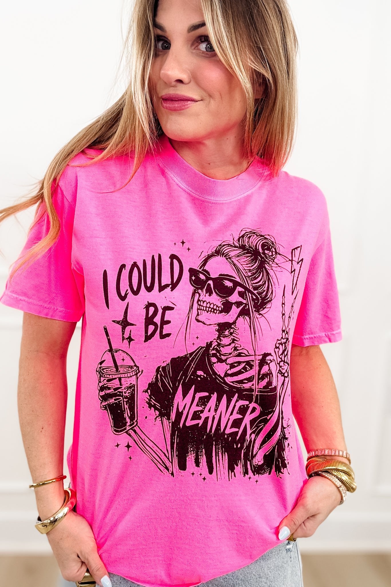 Plus/Reg Short Sleeve "I Could Be Meaner" Skeleton Graphic Tee - Freckled Poppy