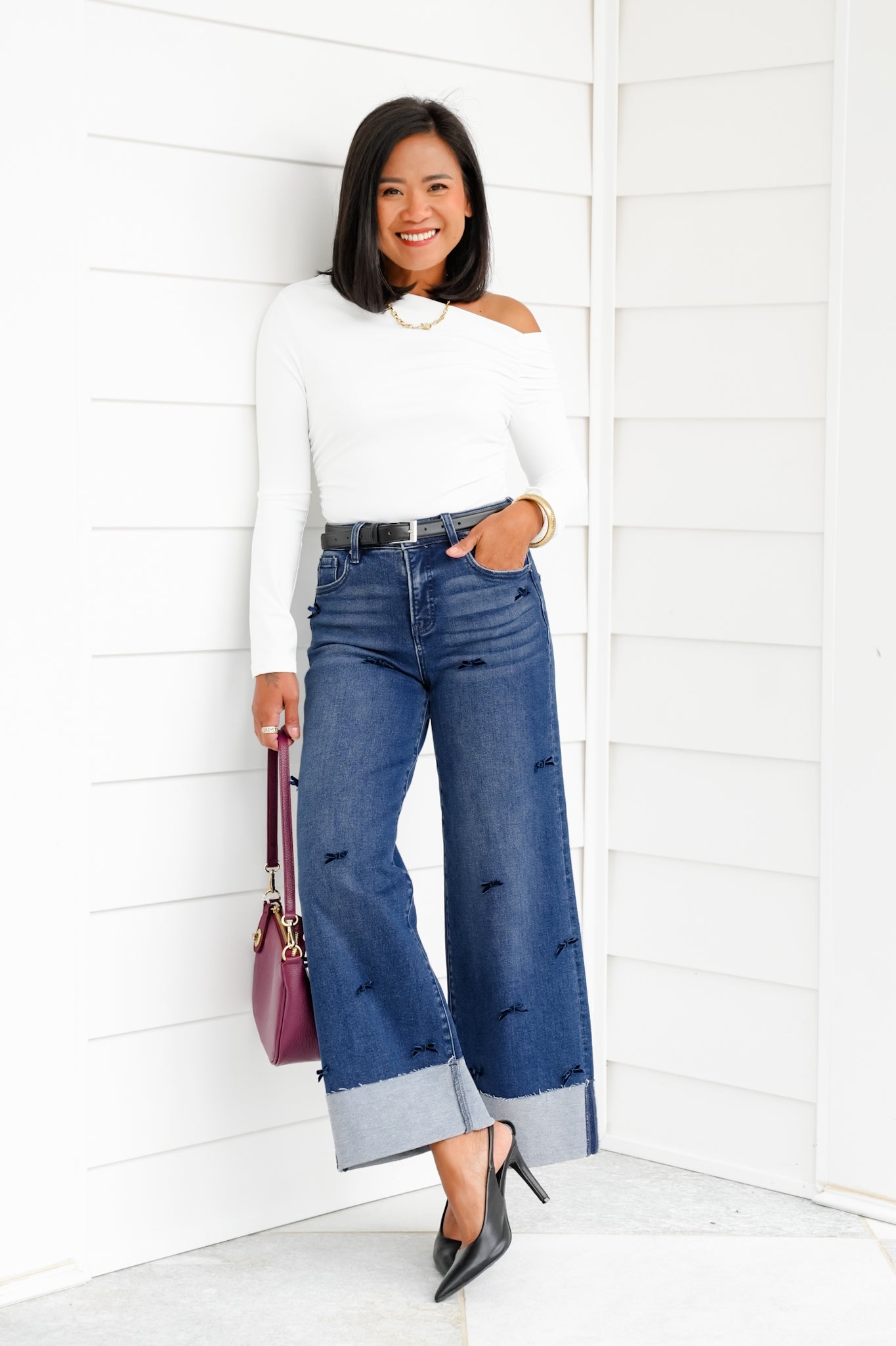 Risen High Rise Dark Wash Tummy Control Crop Wide Leg Jeans with Bows