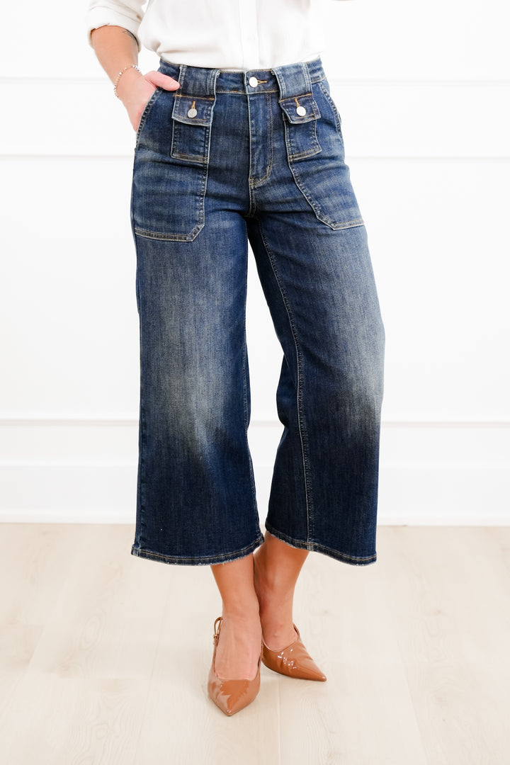 Judy Blue High Rise Dark Crop Wide Leg Jeans with Utility and Patch Pockets