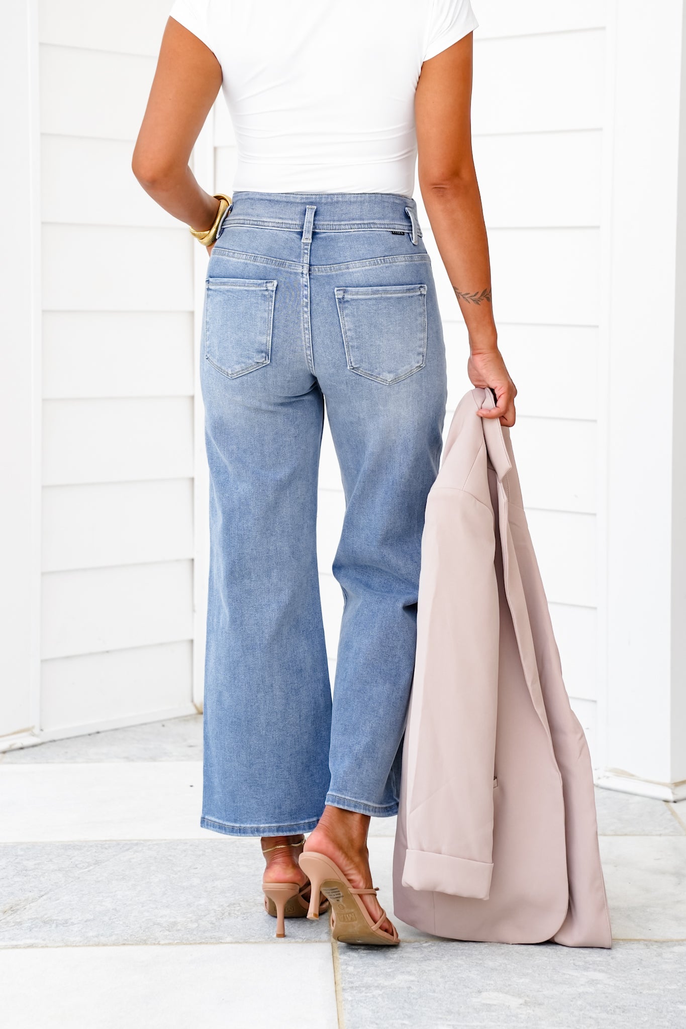 Risen High Rise Medium Wash Tummy Control Crop Wide Leg Jeans with Bow Detail