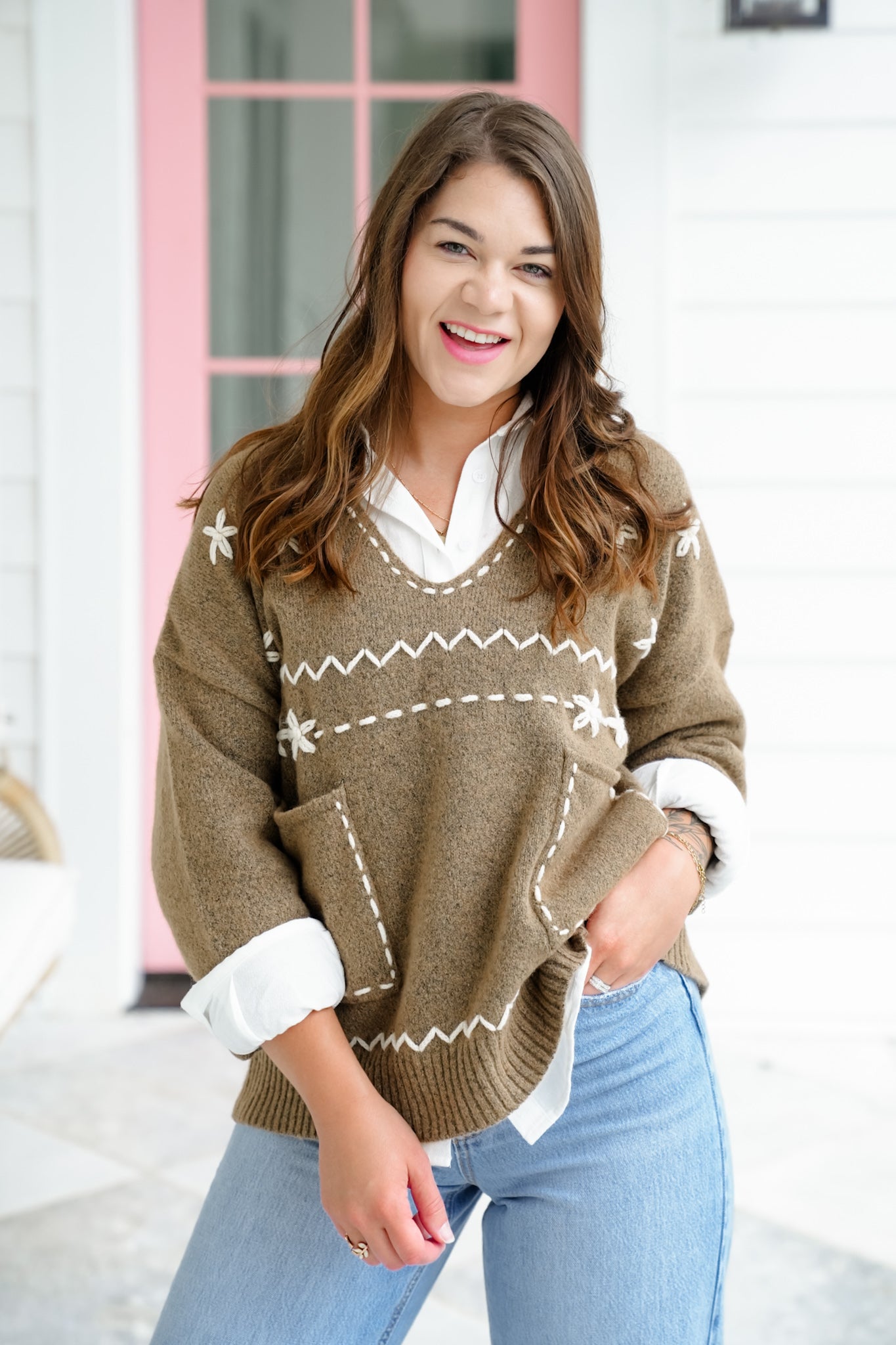Floral Embroidered Long Sleeve Notched V Neck Sweater
