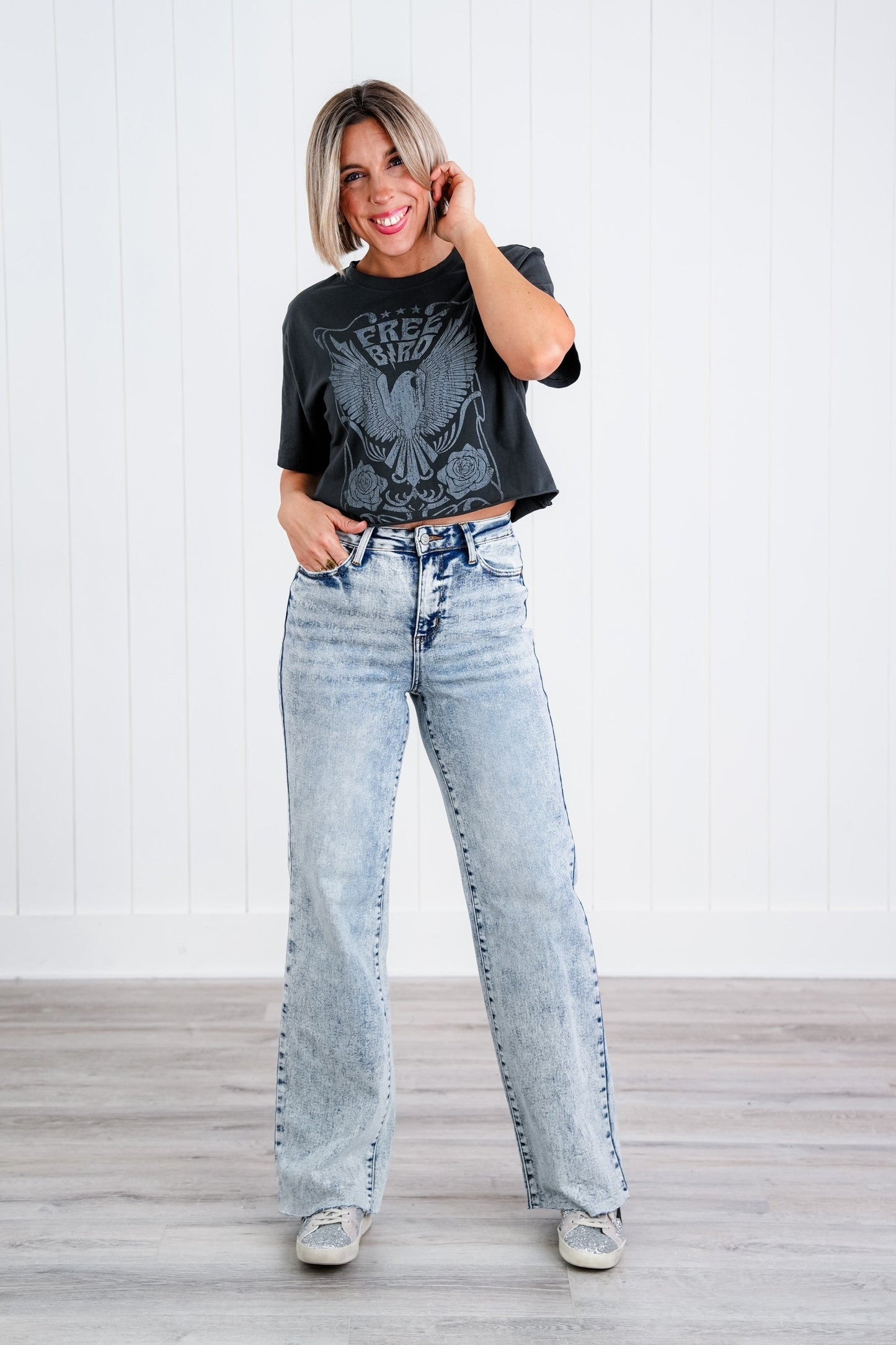 Judy Blue Bad Blood High Rise Light Mineral Wash Raw Hem Wide Leg Jeans