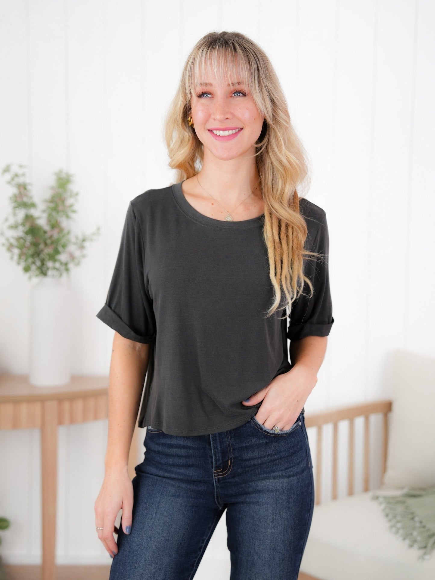 Plus/Reg Solid Short Cuffed Sleeve Top (Multiple Colors)