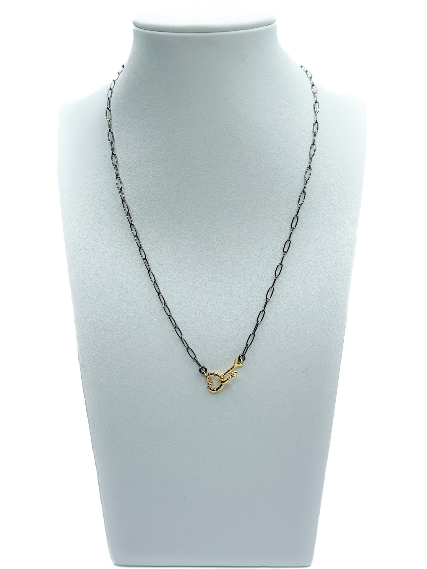 Love, Poppy Gold Arrowed Heart Clasp on Black Chain Necklace