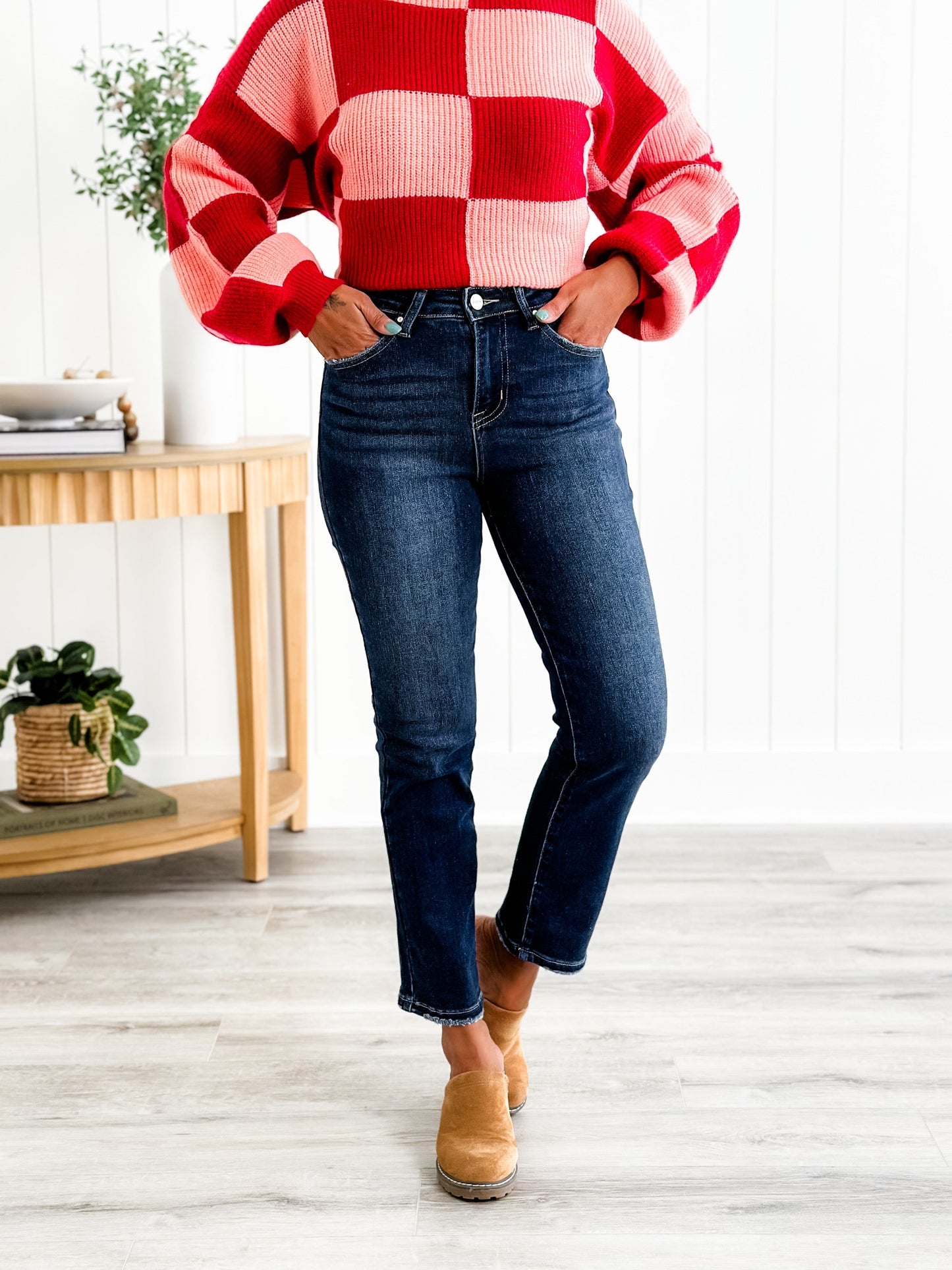 Risen Dark Wash High Rise Cropped Straight Leg Jeans