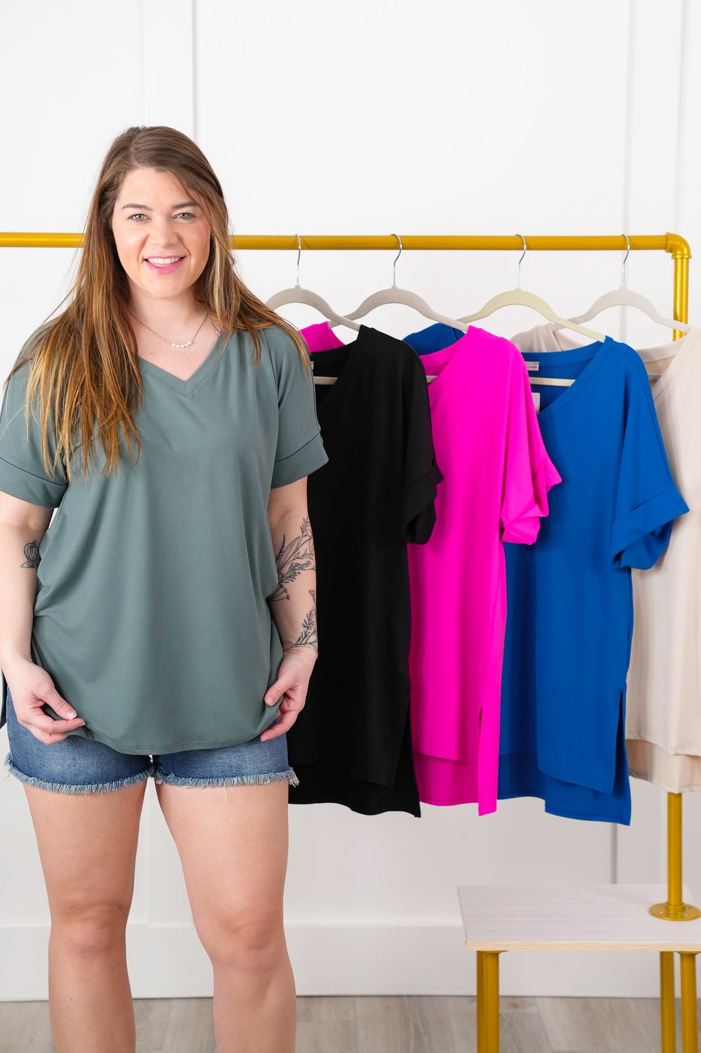 Door Buster! Zenana Rolled Short Sleeve V-Neck Top with Side Slit High-Low Hem