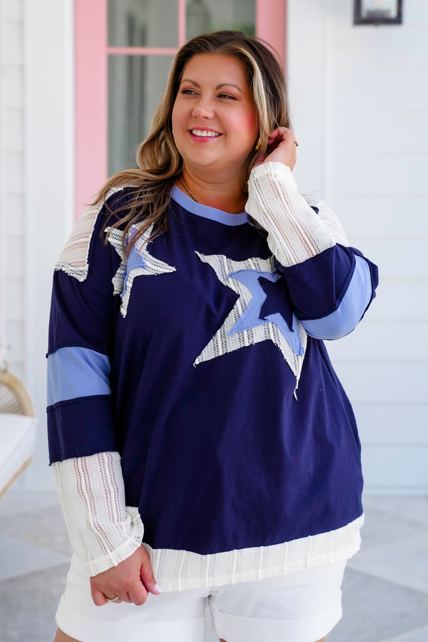 Long Sleeve Round Neck Top with Star Patch Detail