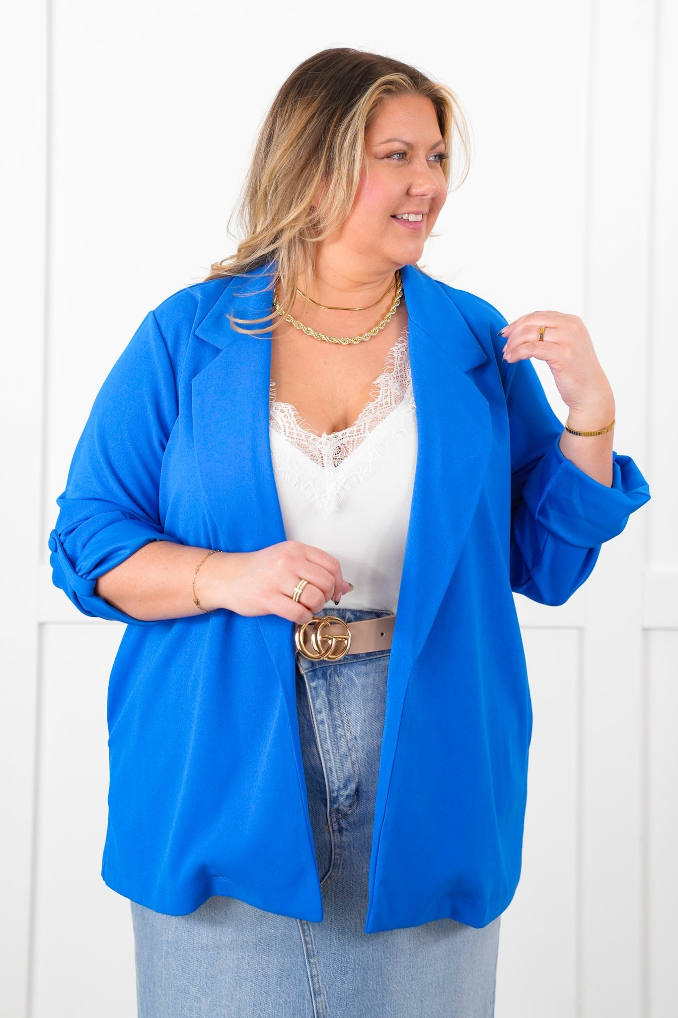 Door Buster! Plus/Reg Solid Button Tab Sleeve Open Blazer