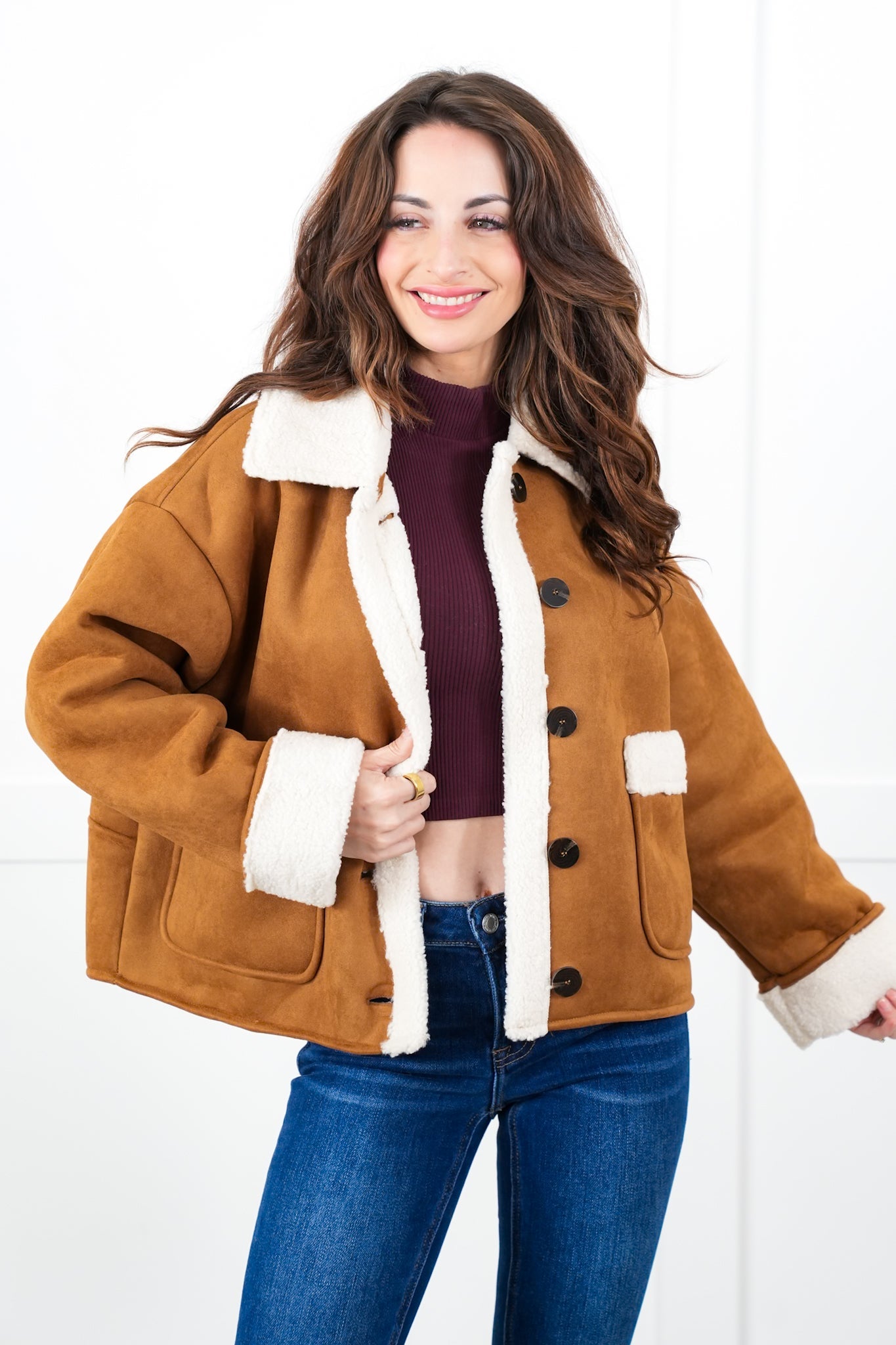 Plus/Reg Vegan Suede Long Sleeve Button Down Jacket with Sherpa Detail