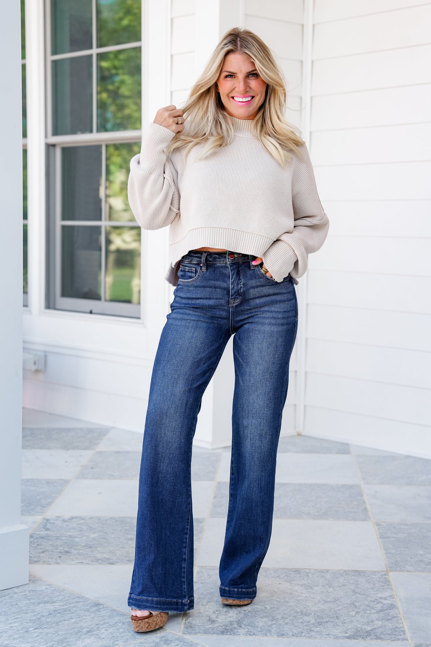Risen High Rise Dark Wash Tummy Control Wide Leg Jeans With Adjustable Waistband