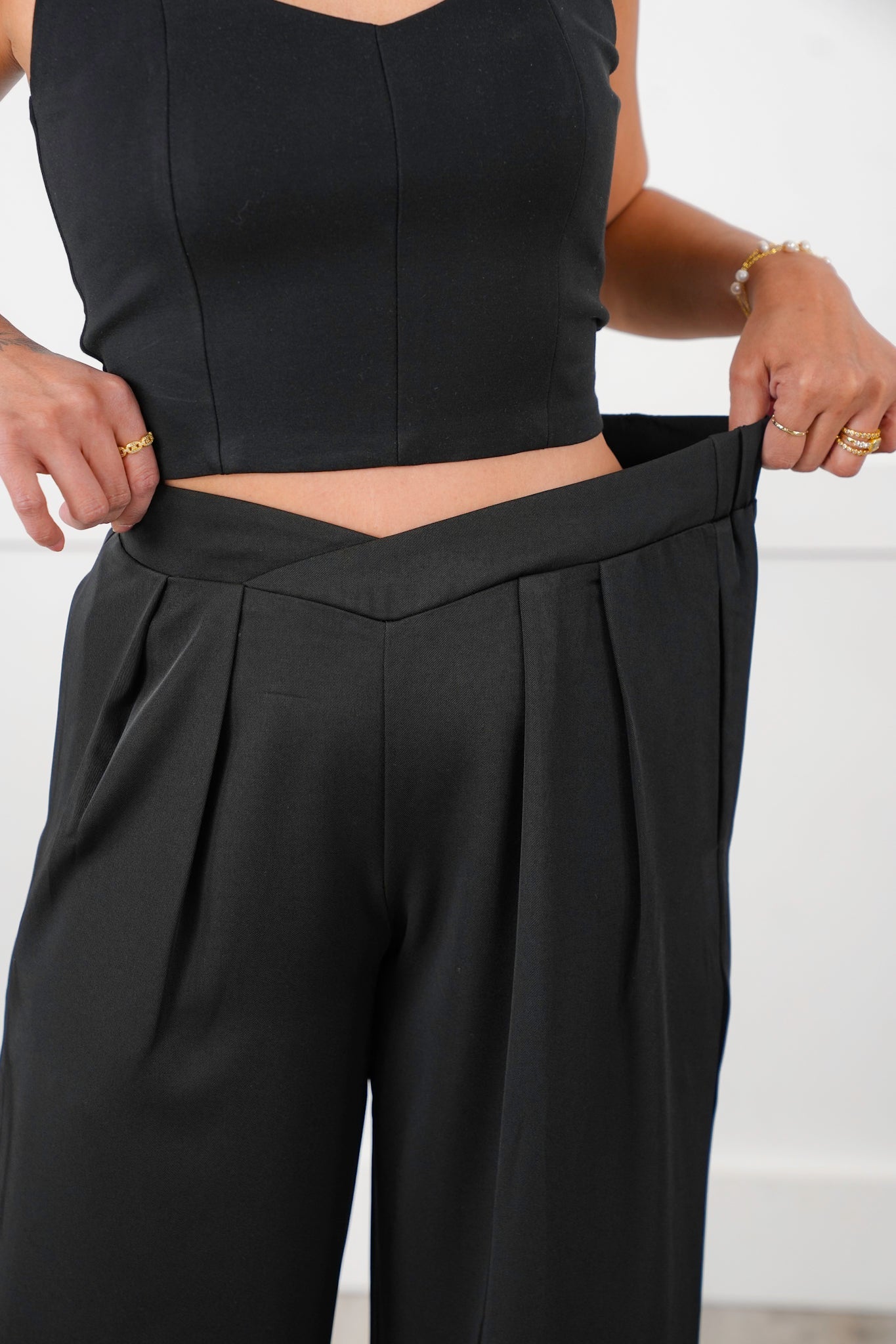 Black Twill Pleated Cross Over Waist Palazzo Pants