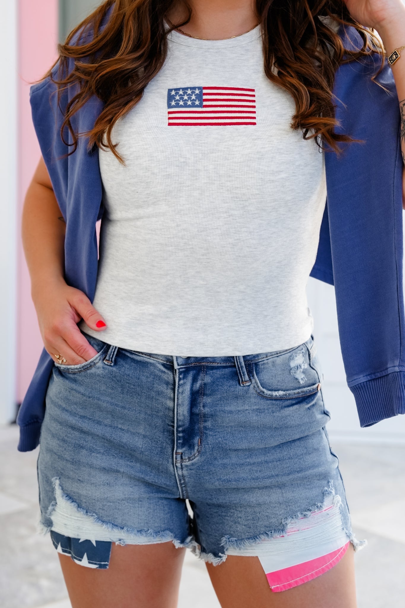 Short Sleeve Top with Embroidered American Flag Patch