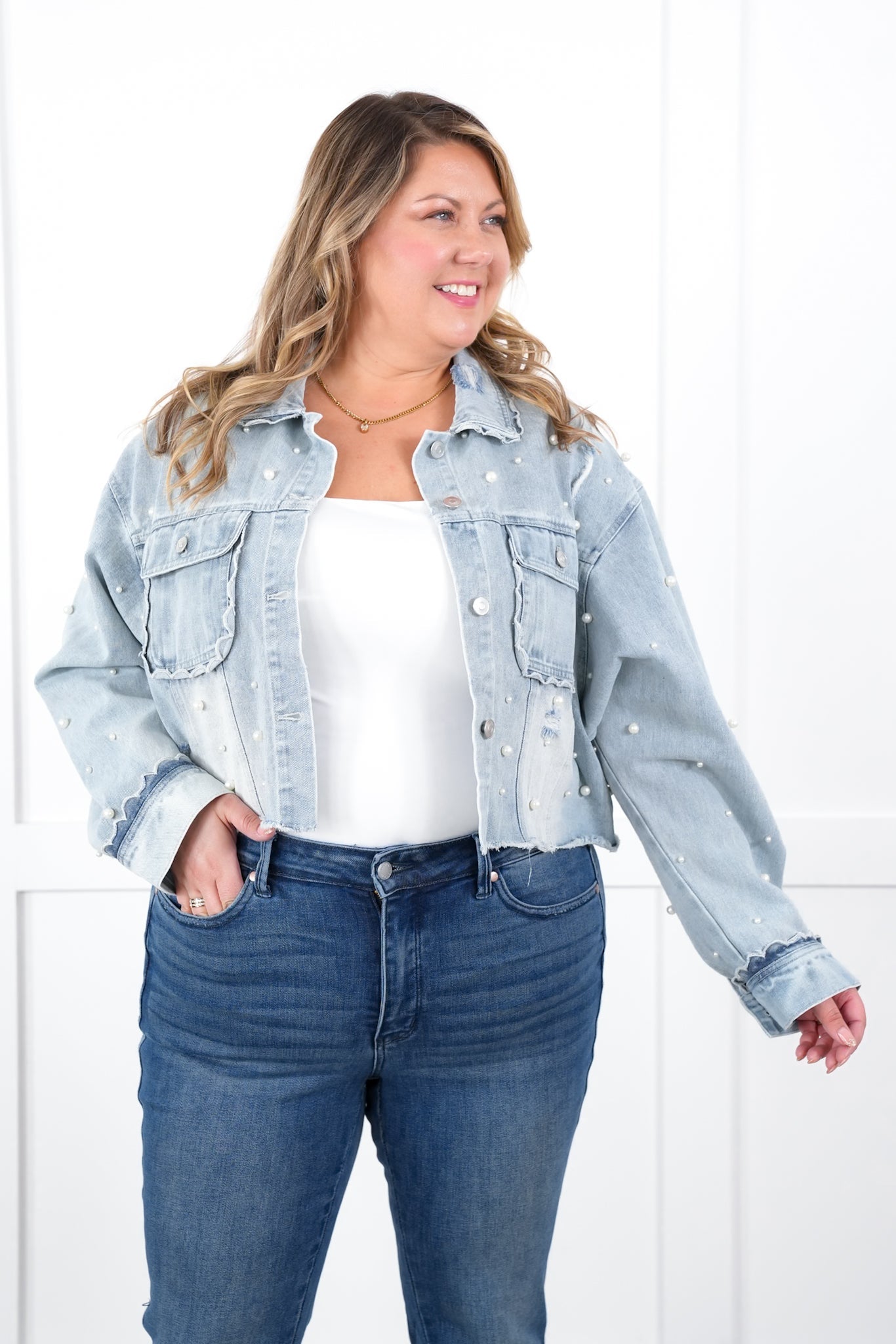 Distressed Light Denim Long Sleeve Button Down Jacket with Pearl Detail