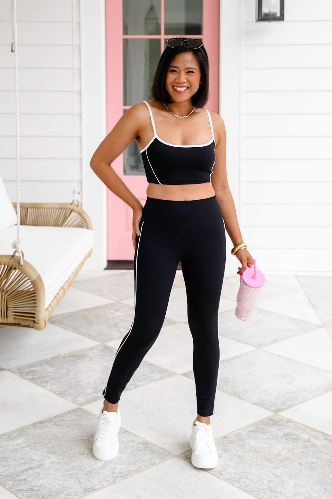 Black Cropped Tank Top and Leggings Set with Piping Detail