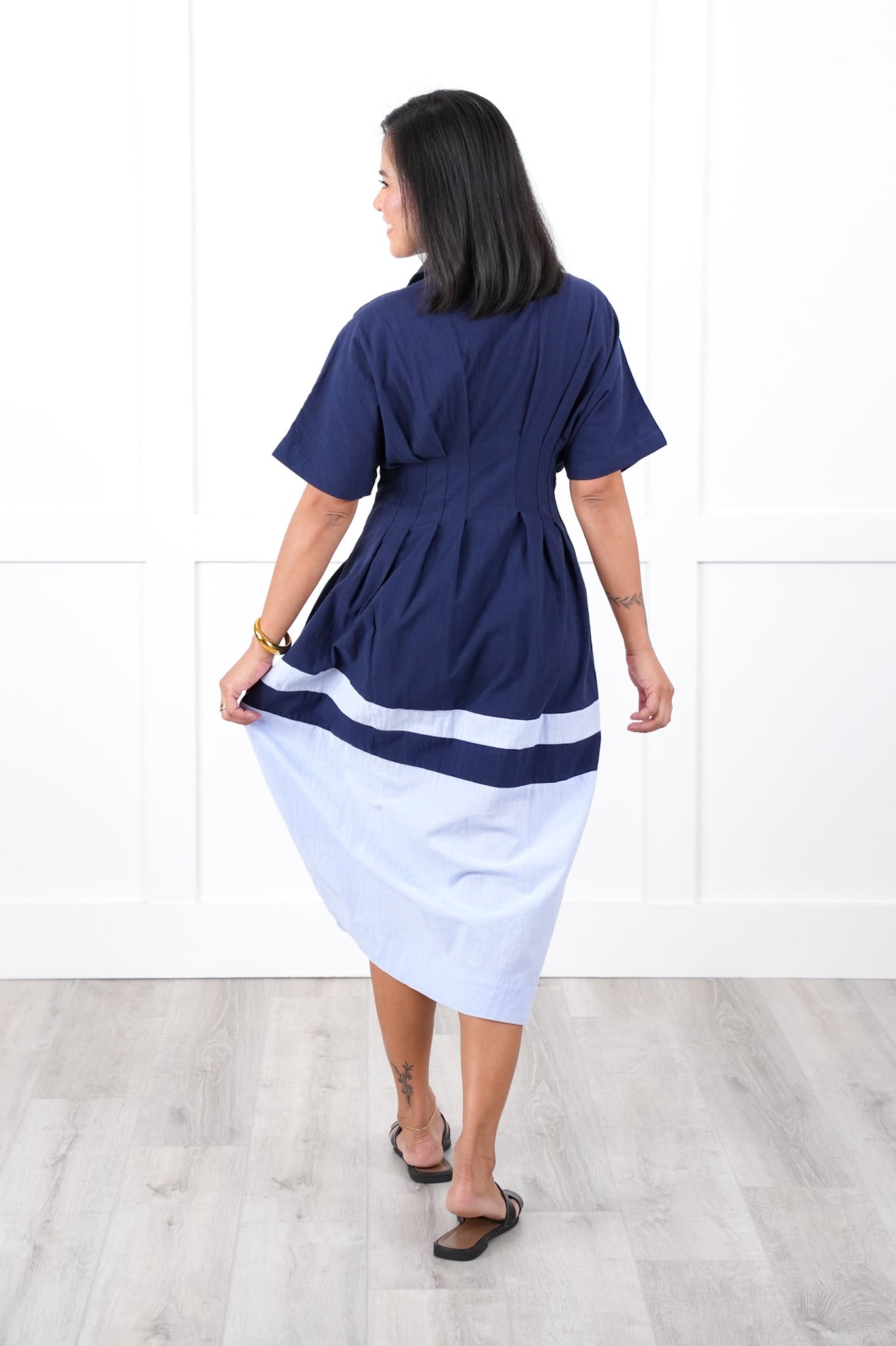 Color Block Short Sleeve Button Down Midi Dress