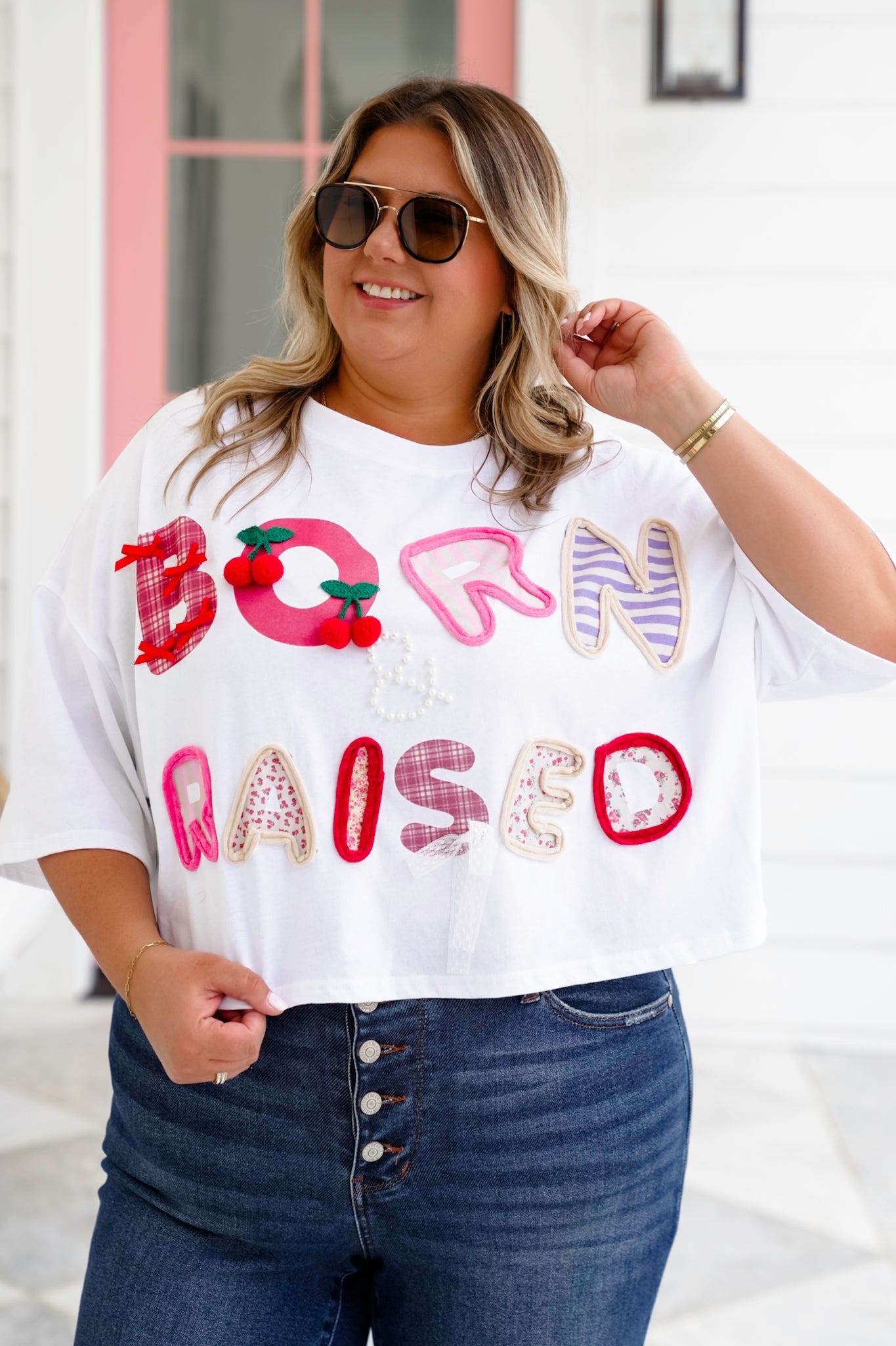 Short Sleeve "Born & Raised" Patchwork Crop Top