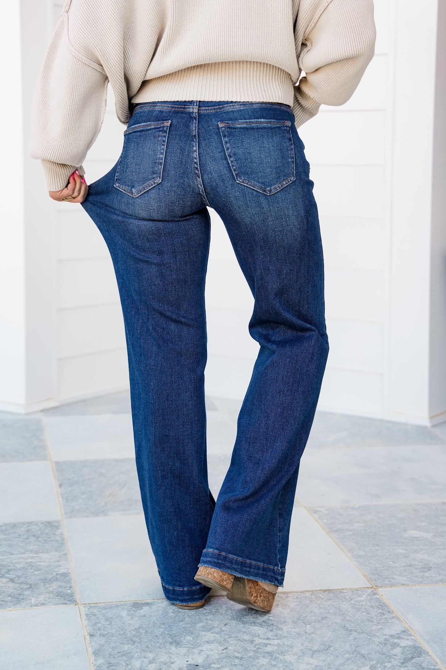 Risen High Rise Dark Wash Tummy Control Wide Leg Jeans With Adjustable Waistband